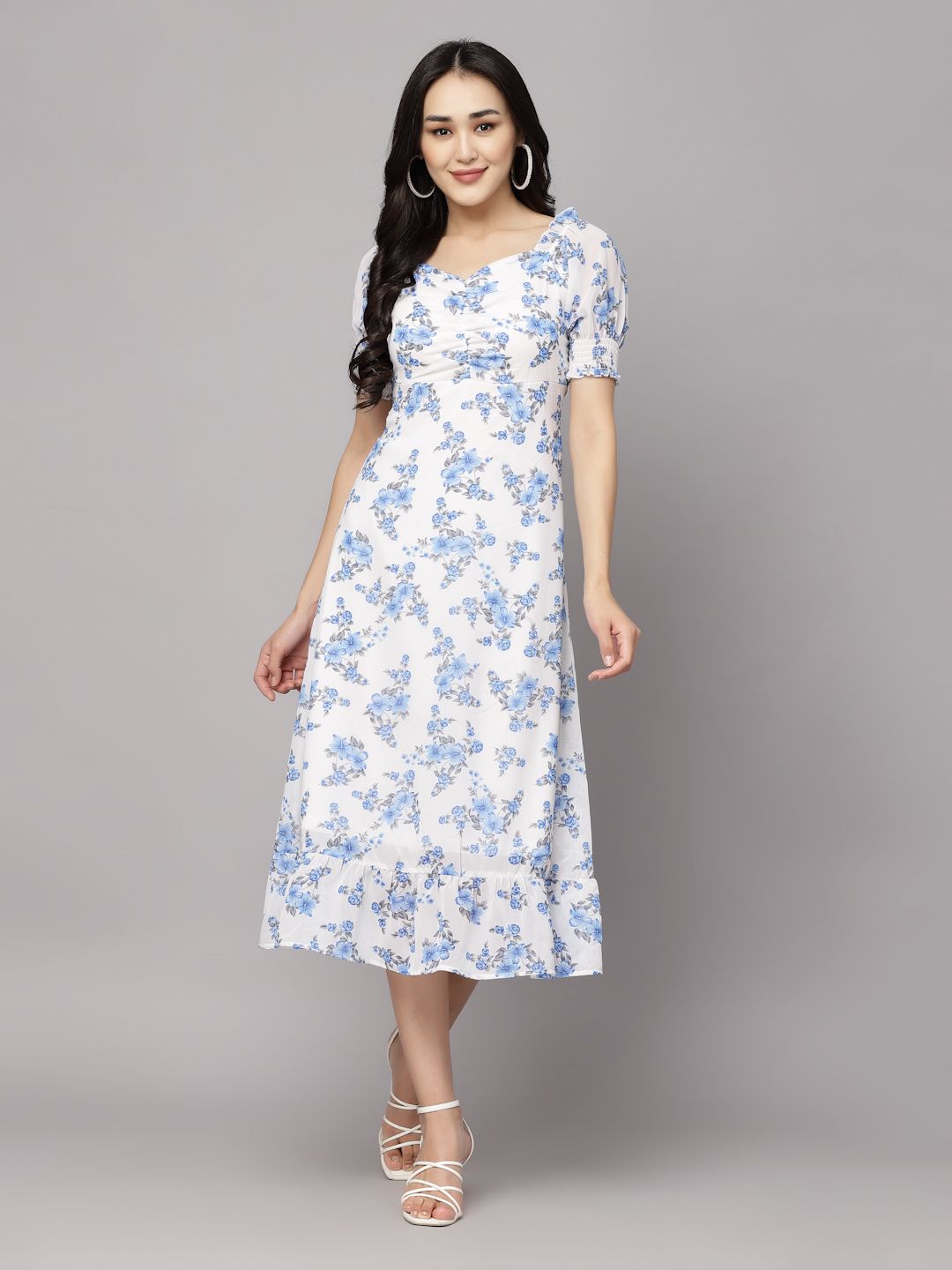Women A-line White, Light Blue, Grey Midi/Calf Length Dress-image-27