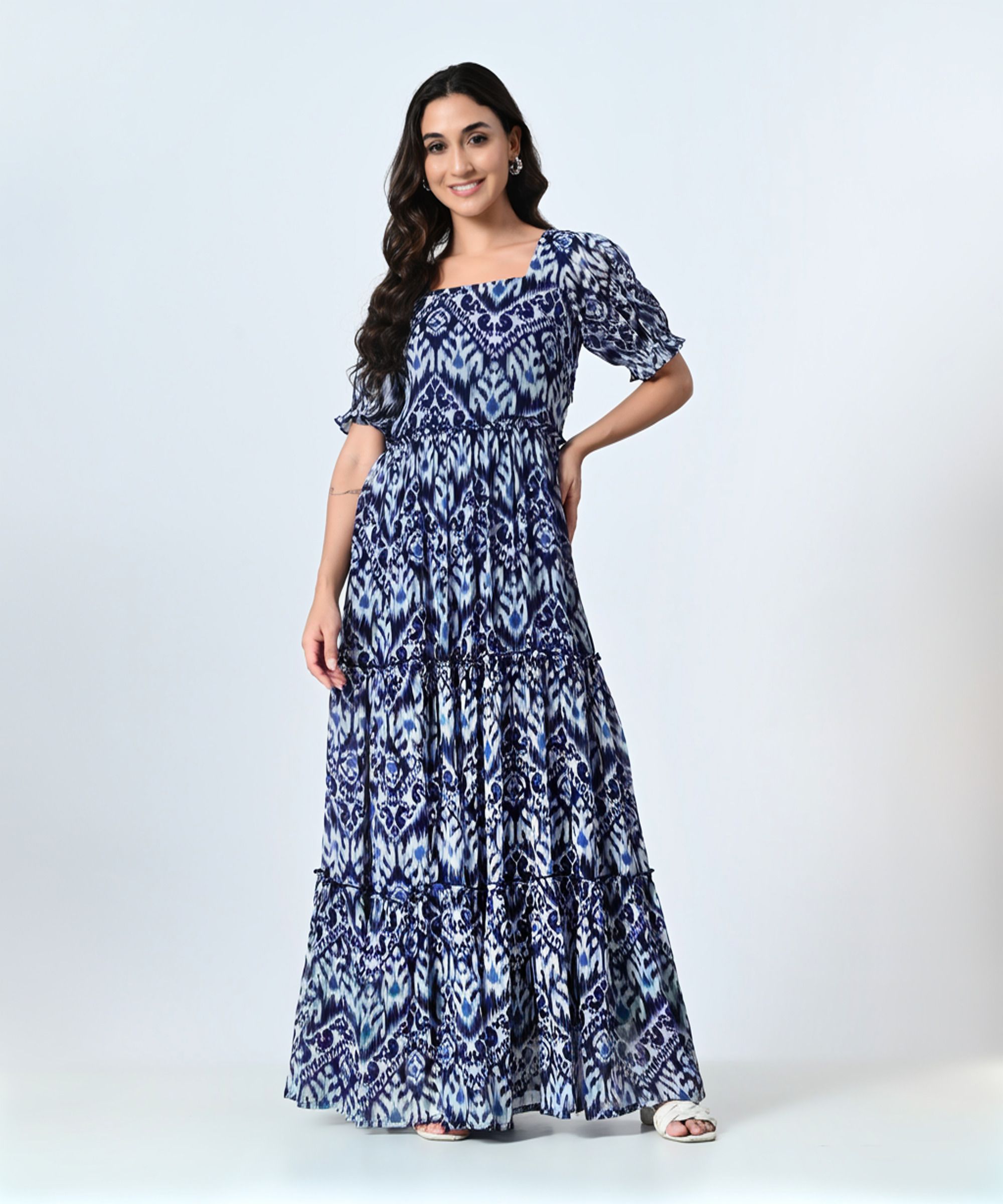 Women Fit and Flare Blue Ankle Length Dress-image-19