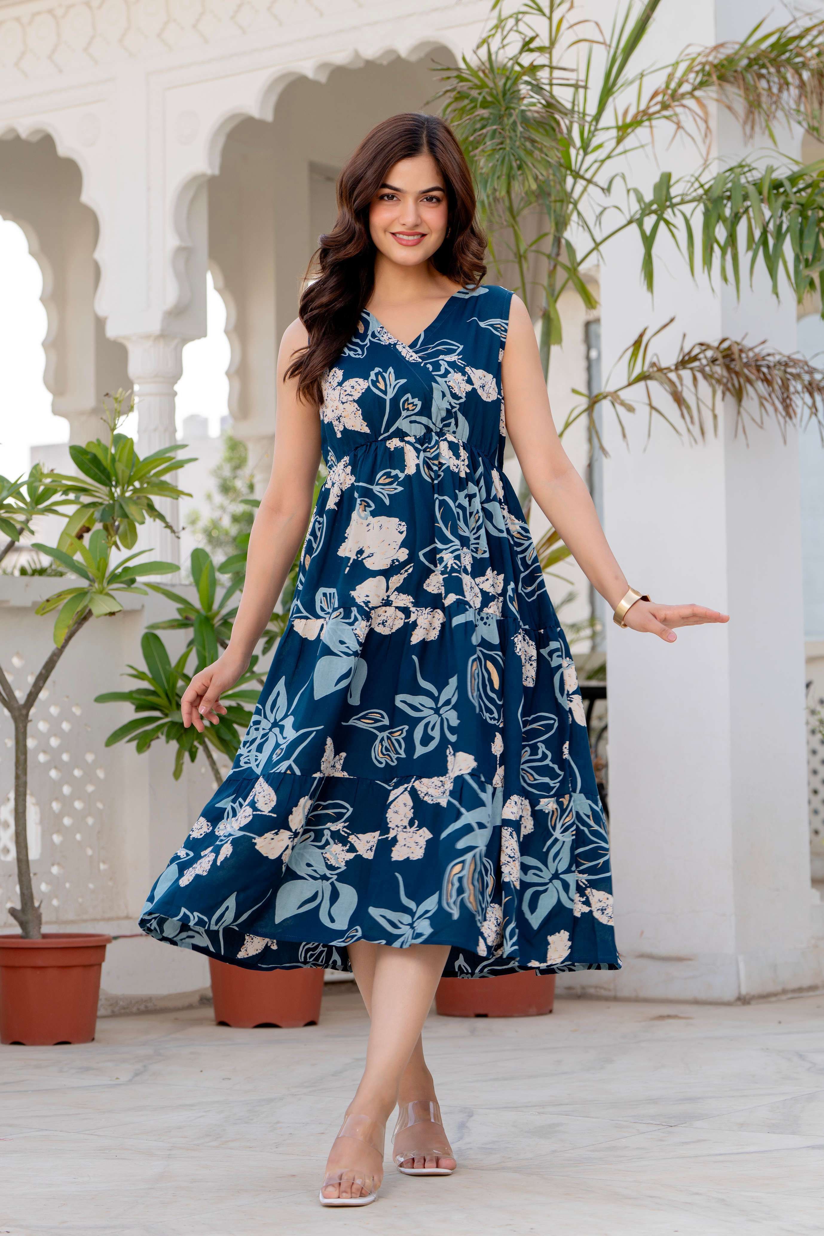 Women Tiered Blue Knee Length Dress-image-12