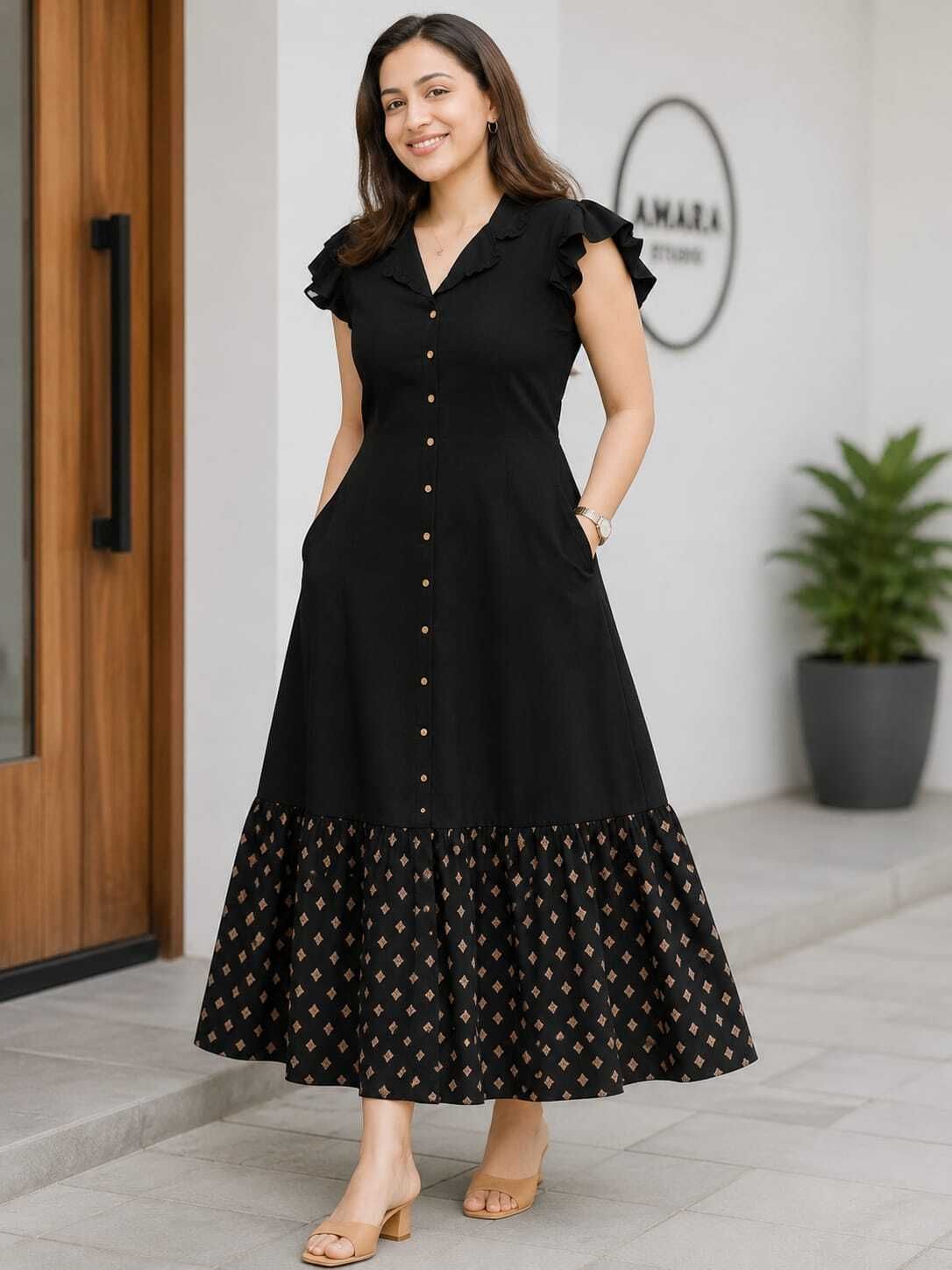 hammdanfashion Women Fit and Flare Black Midi/Calf Length Dress-picture-14