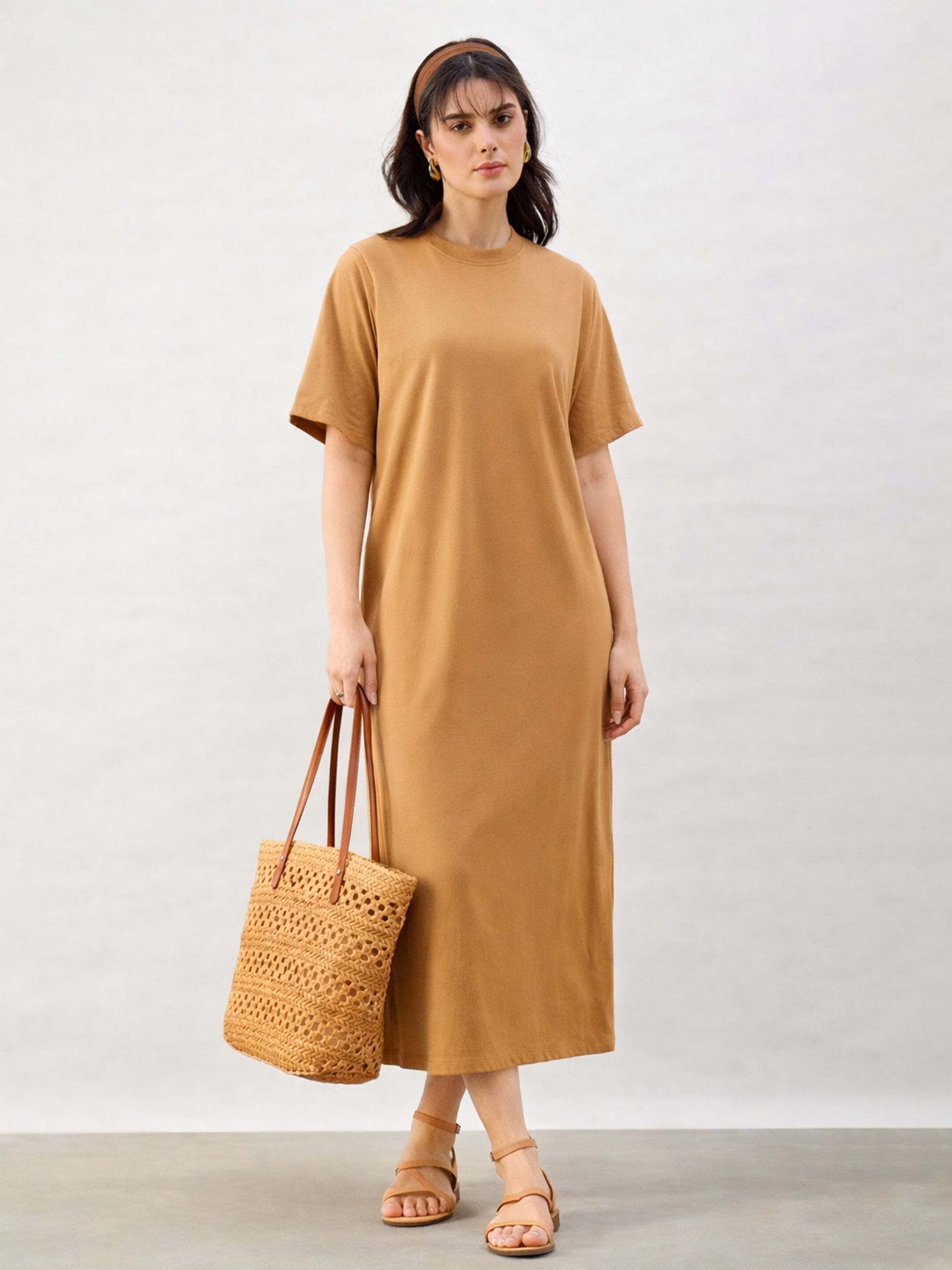 Women T Shirt Brown Midi/Calf Length Dress-image-15