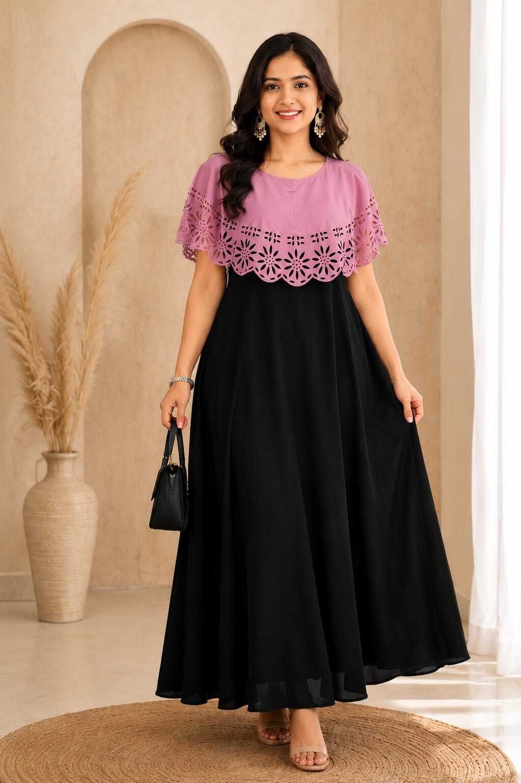 Women Gown Pink, Black Maxi/Full Length Dress-image-22