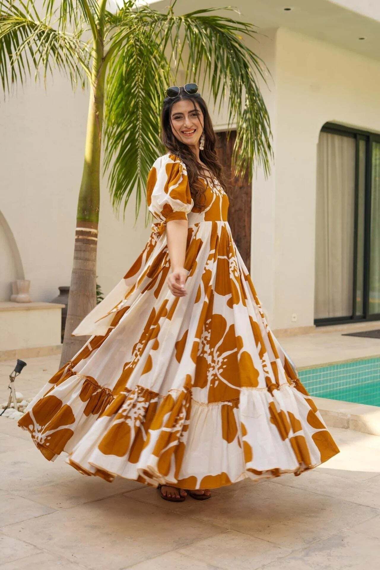 Women Fit and Flare White, Yellow Maxi/Full Length Dress