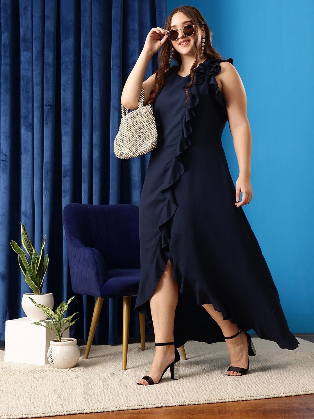 curvy street Women Peplum Dark Blue Below Knee Dress-picture-12