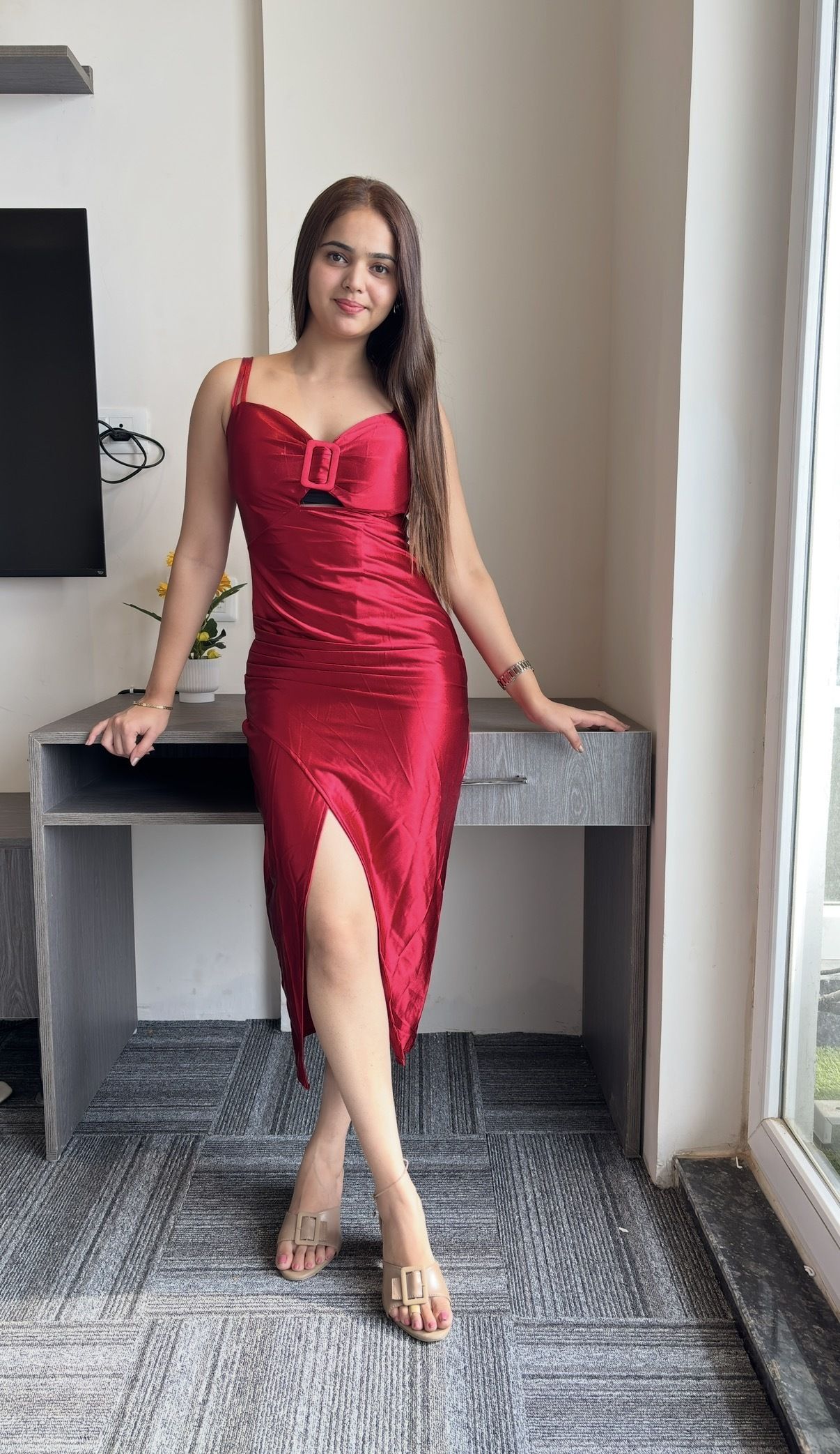 Women Bodycon Red Midi/Calf Length Dress-image-23