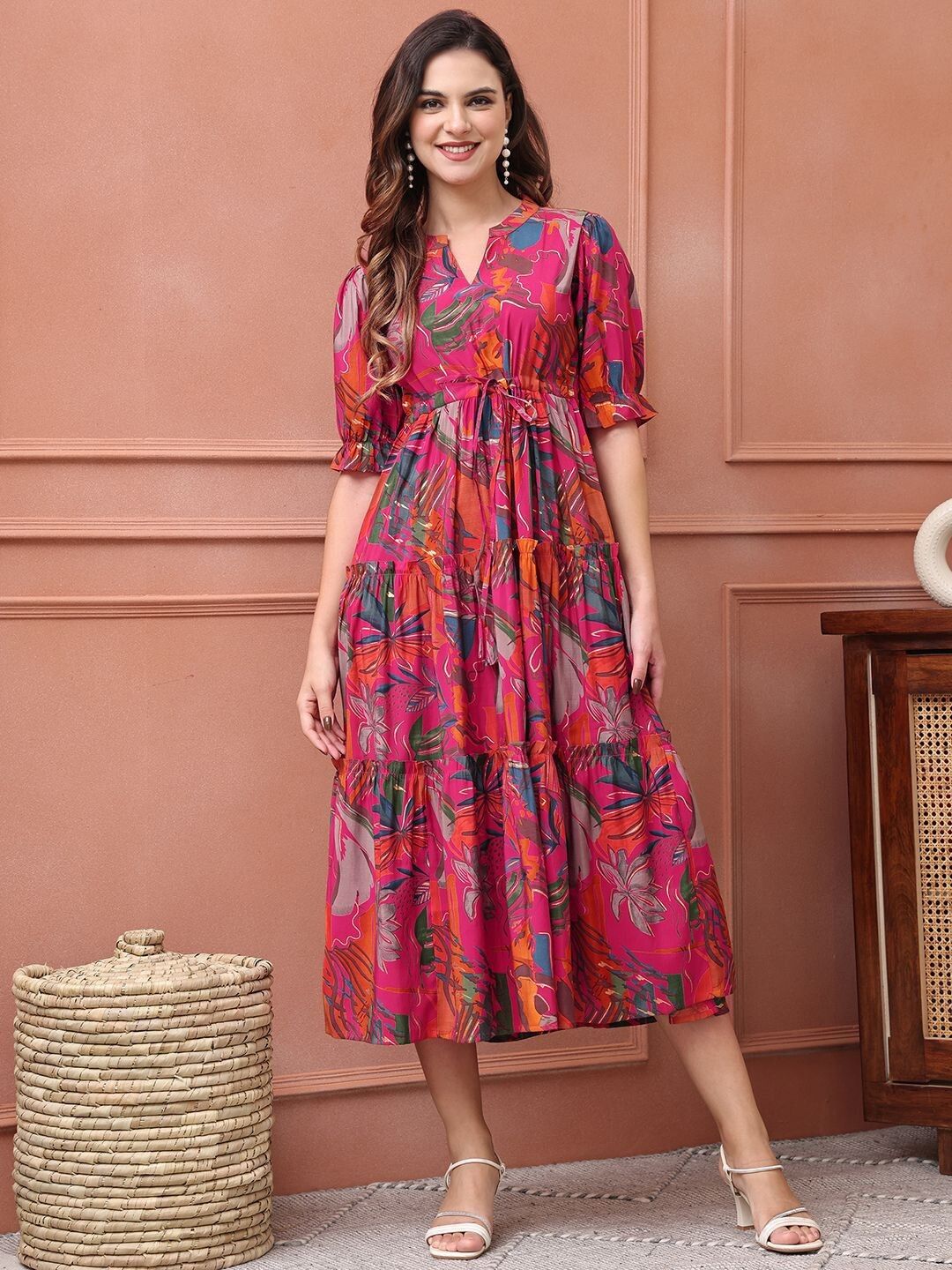 Women Fit and Flare Pink Below Knee Dress
