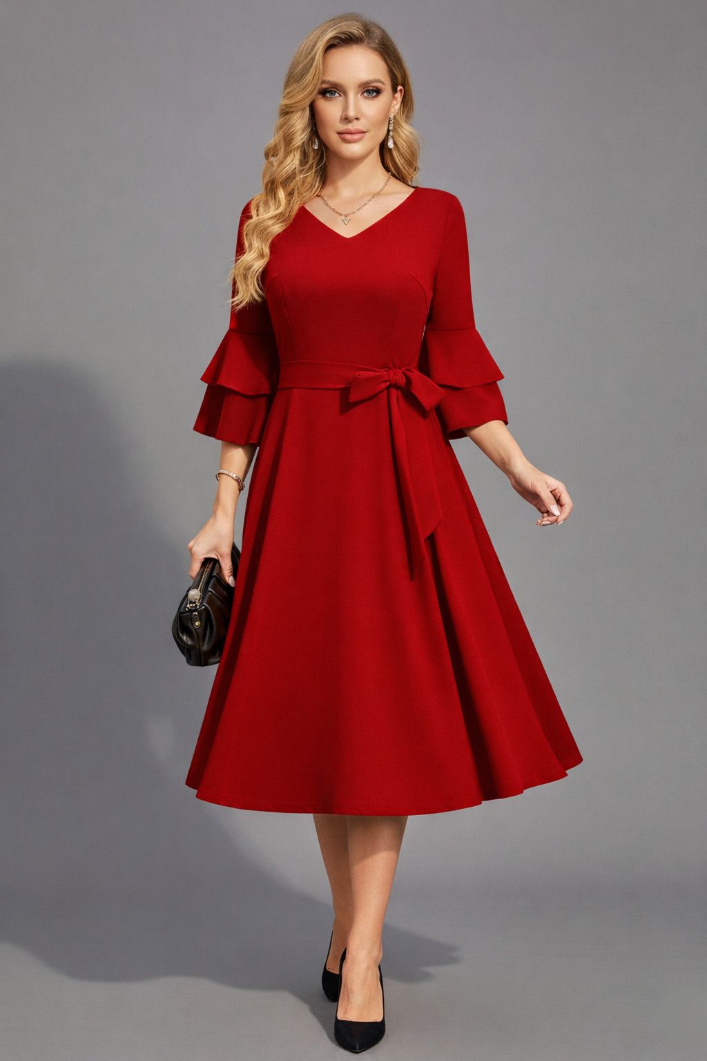 c4d Women Fit and Flare Red Midi/Calf Length Dress-picture-43