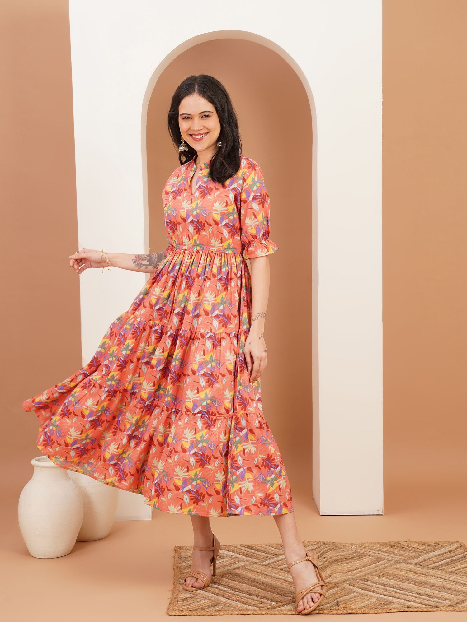 kalphem Women Empire Waist Orange Midi/Calf Length Dress-picture-4