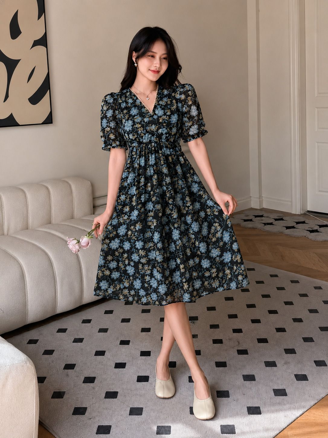 Women Fit and Flare Black Knee Length Dress-image-39