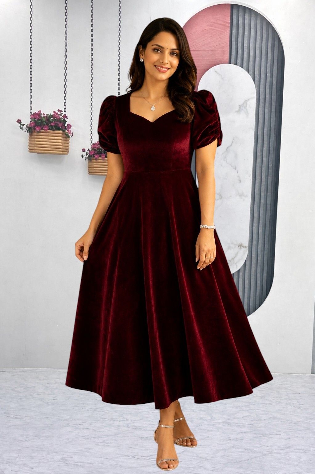 Women Fit and Flare Maroon Below Knee Dress-image-31