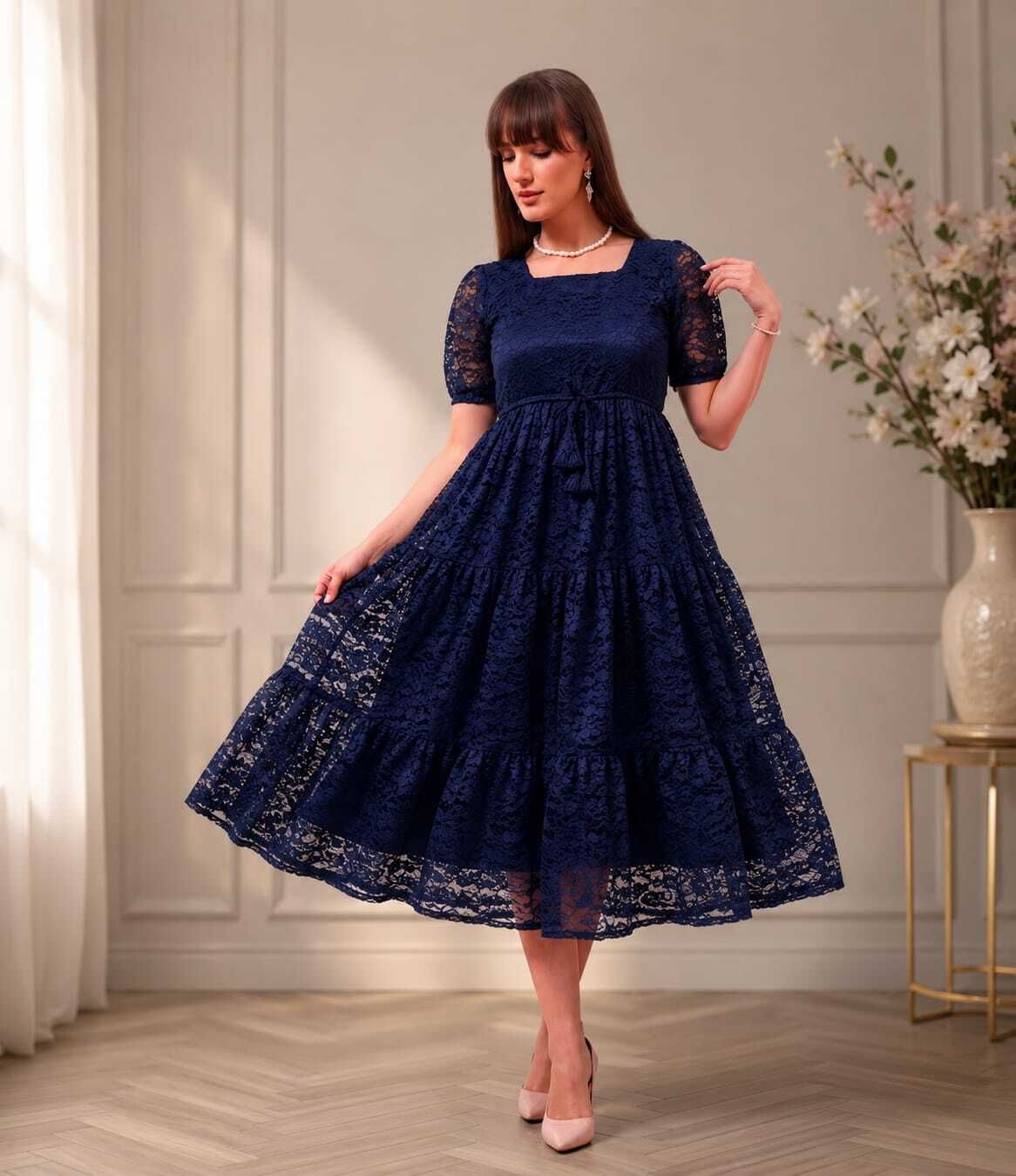 Women Tiered Dark Blue Midi/Calf Length Dress-image-23