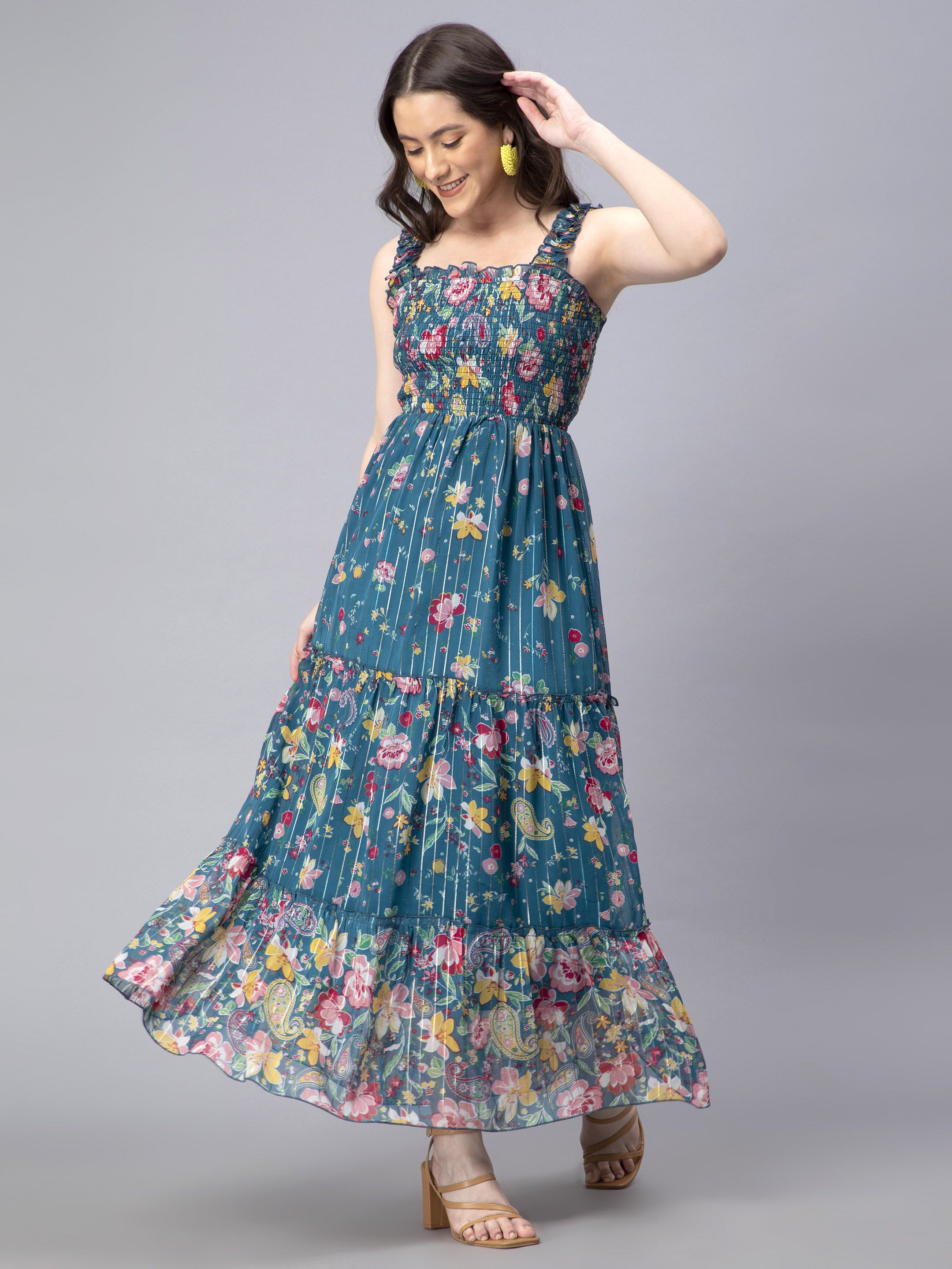 drape and dazzle Women Fit and Flare Multicolor Maxi/Full Length Dress-picture-12