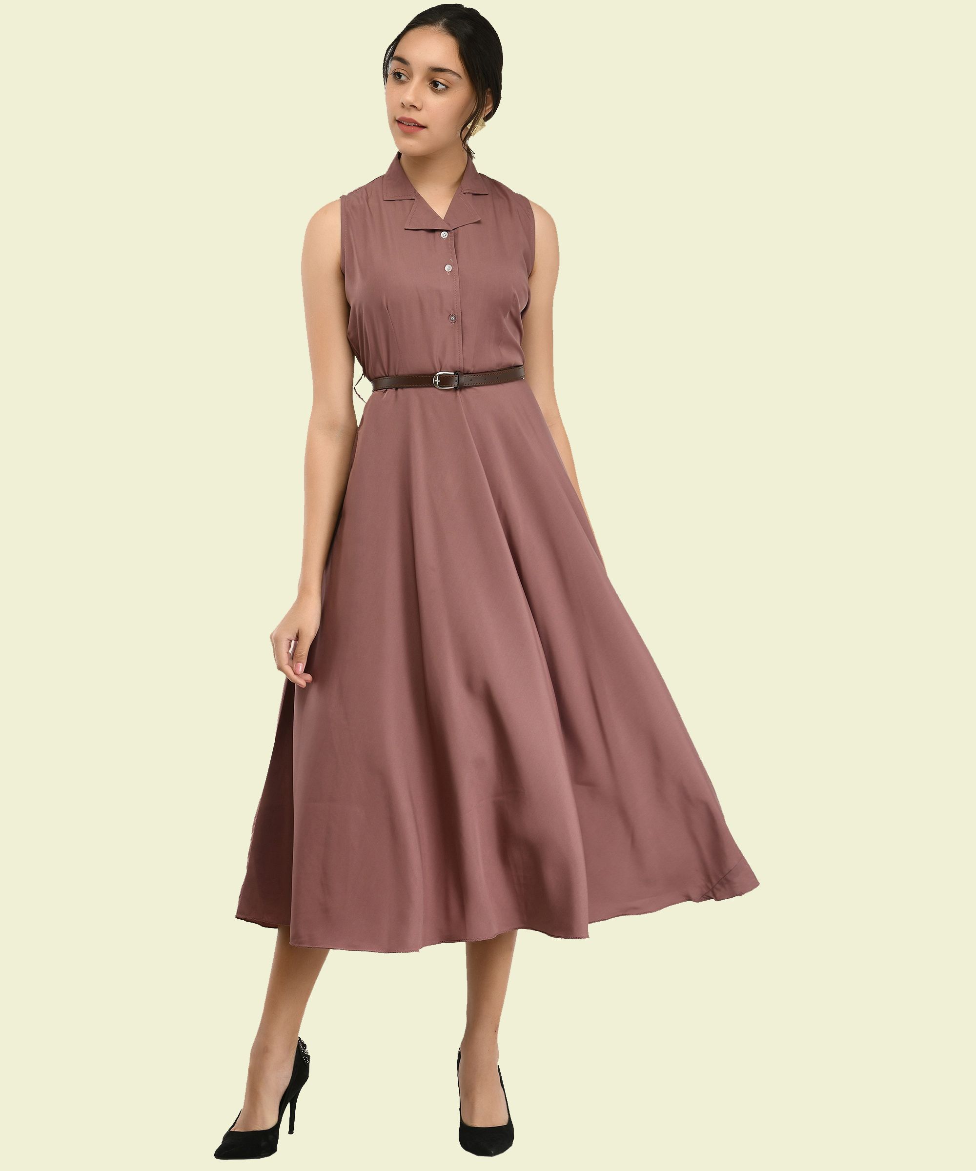 Women Fit and Flare Beige Below Knee Dress-image-24
