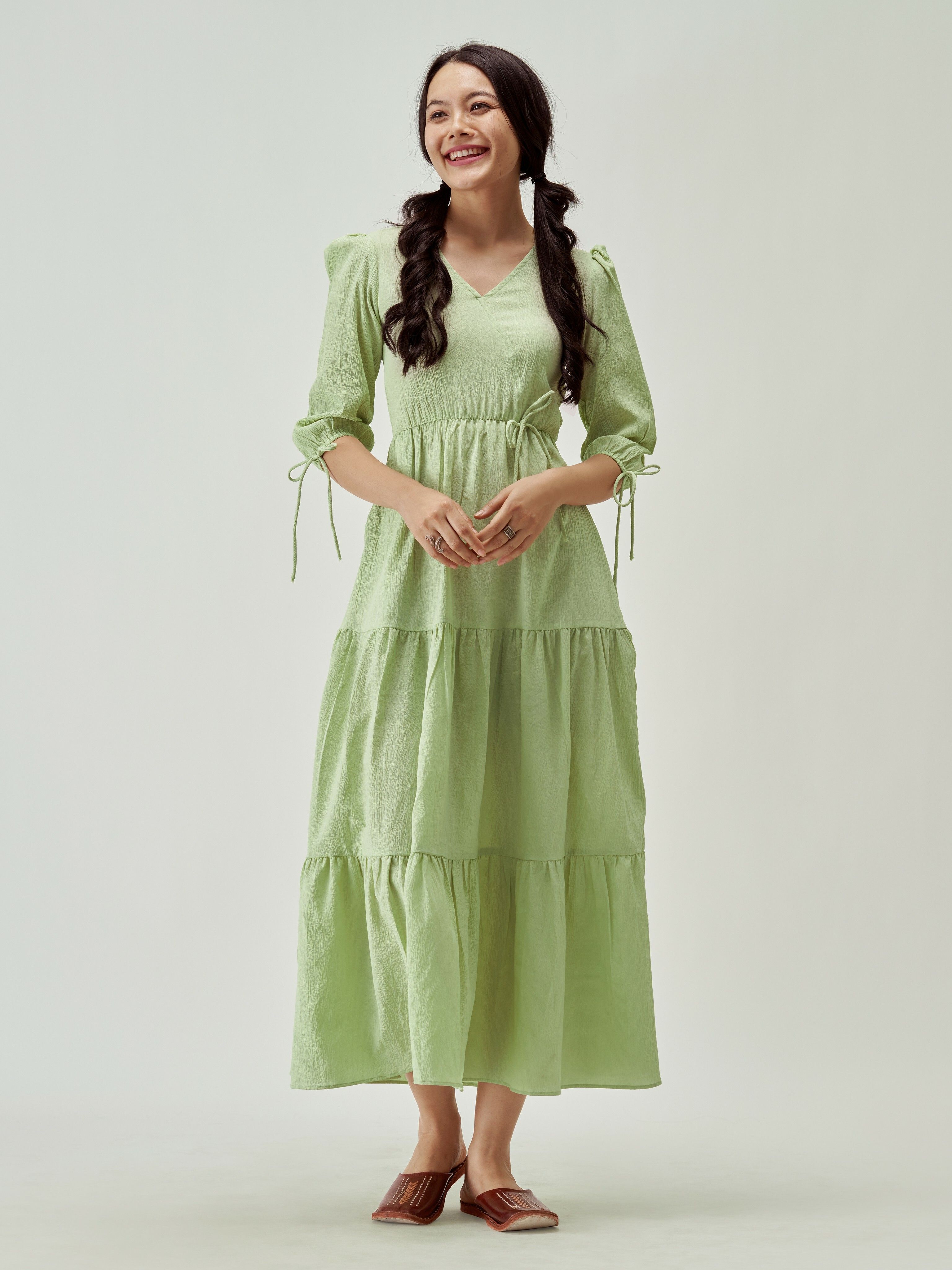 Women Fit and Flare Light Green Ankle Length Dress-image-19