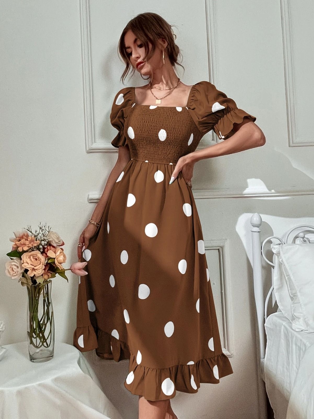 leriya fashion Women Fit and Flare Brown Below Knee Dress-picture-36