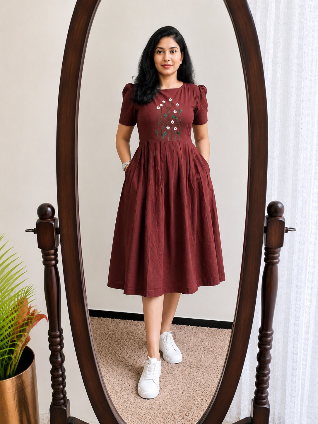 Women Fit and Flare Maroon Midi/Calf Length Dress-image-32