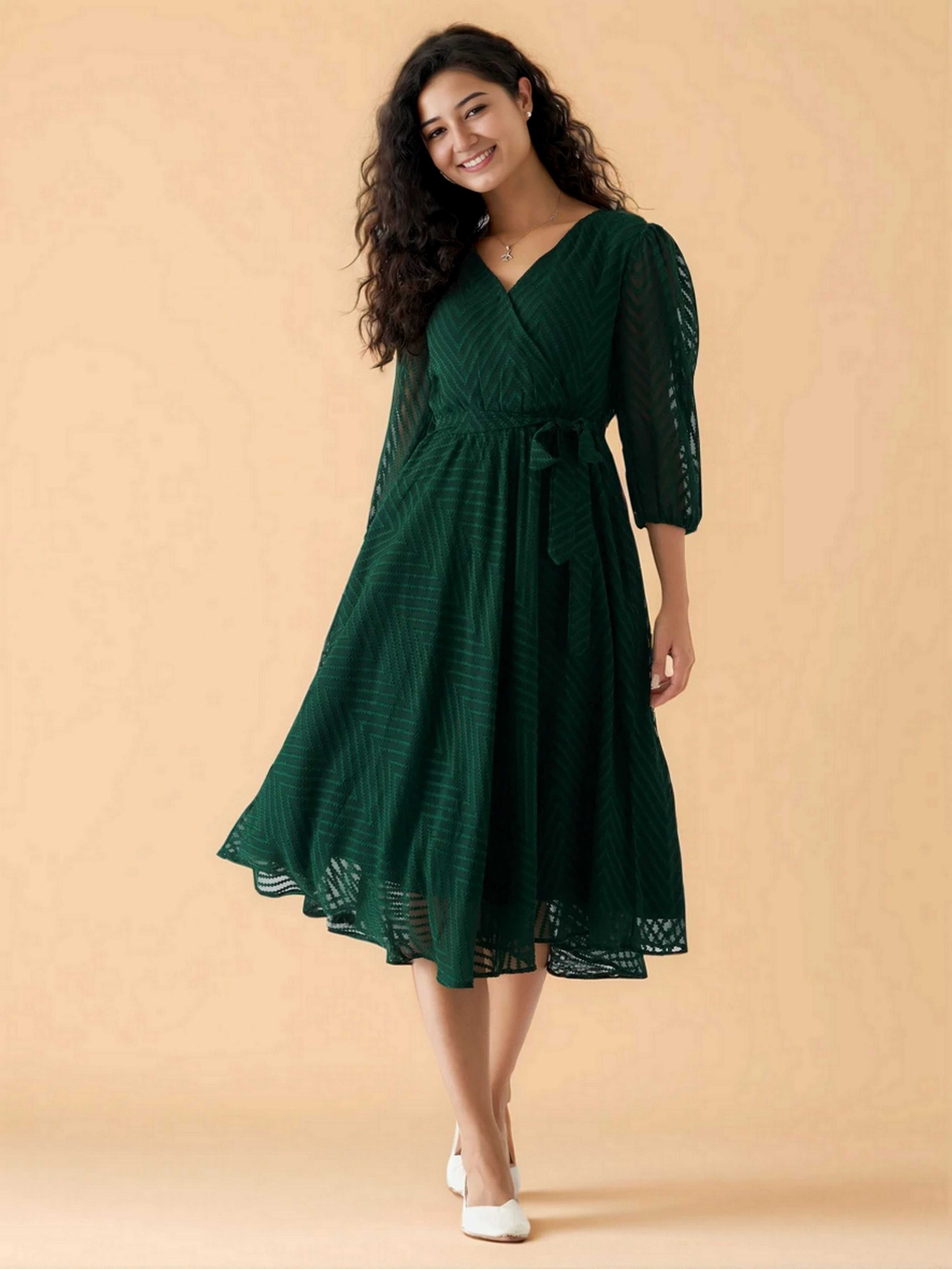 Women Fit and Flare Green Below Knee Dress