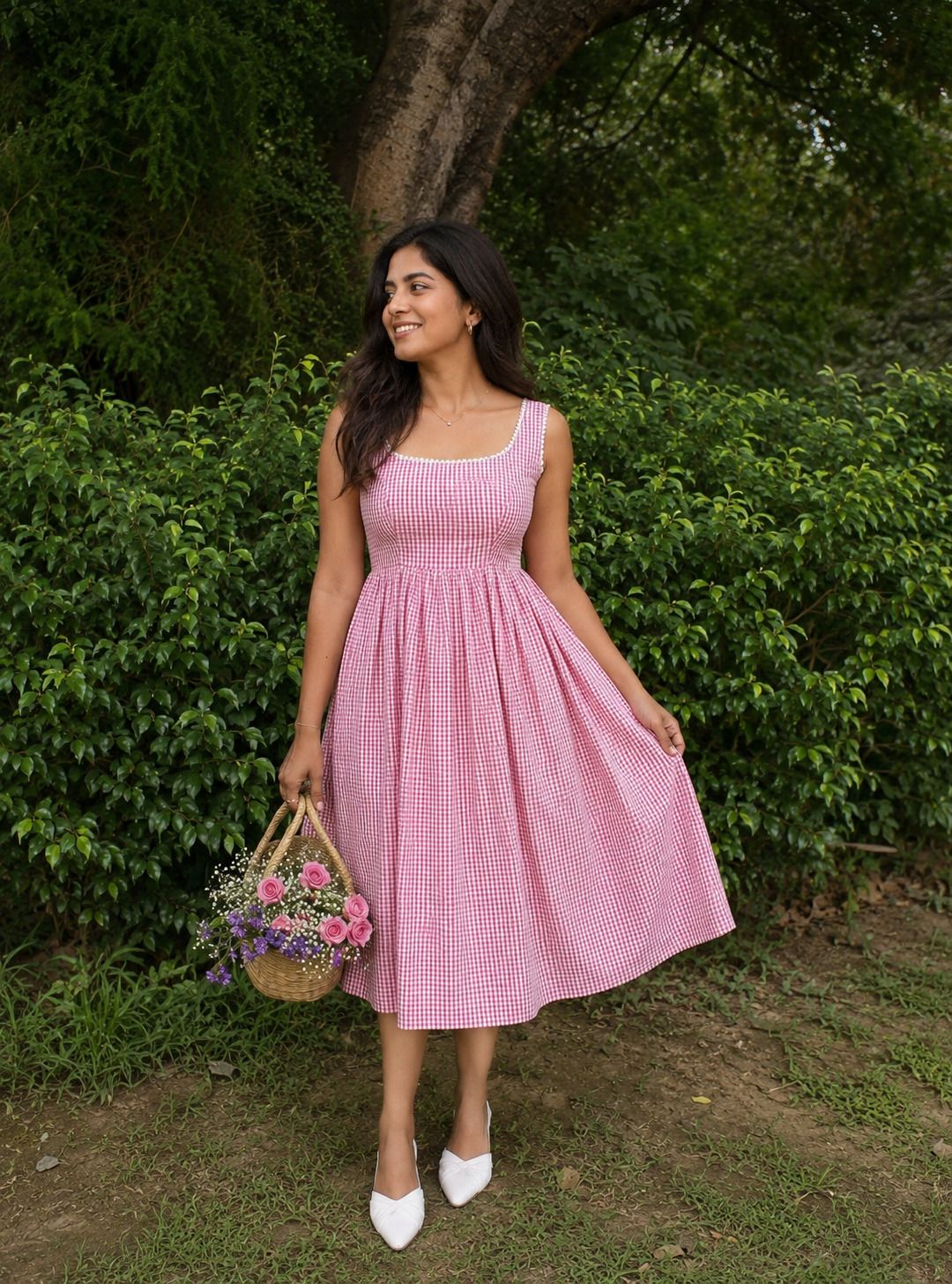 mkthewear Women Fit and Flare Pink, White Midi/Calf Length Dress-picture-22