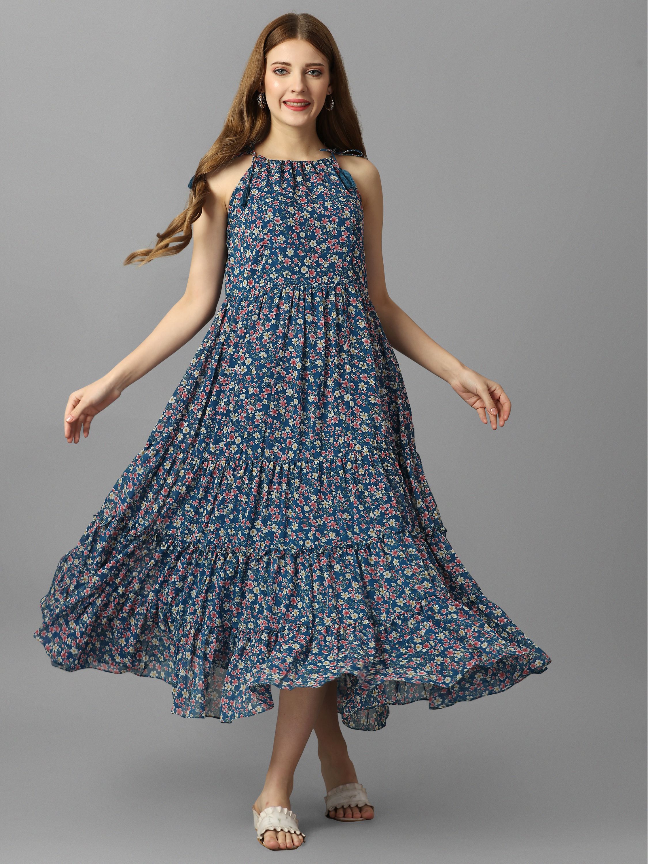 fbella Women Fit and Flare Blue Midi/Calf Length Dress-picture-12