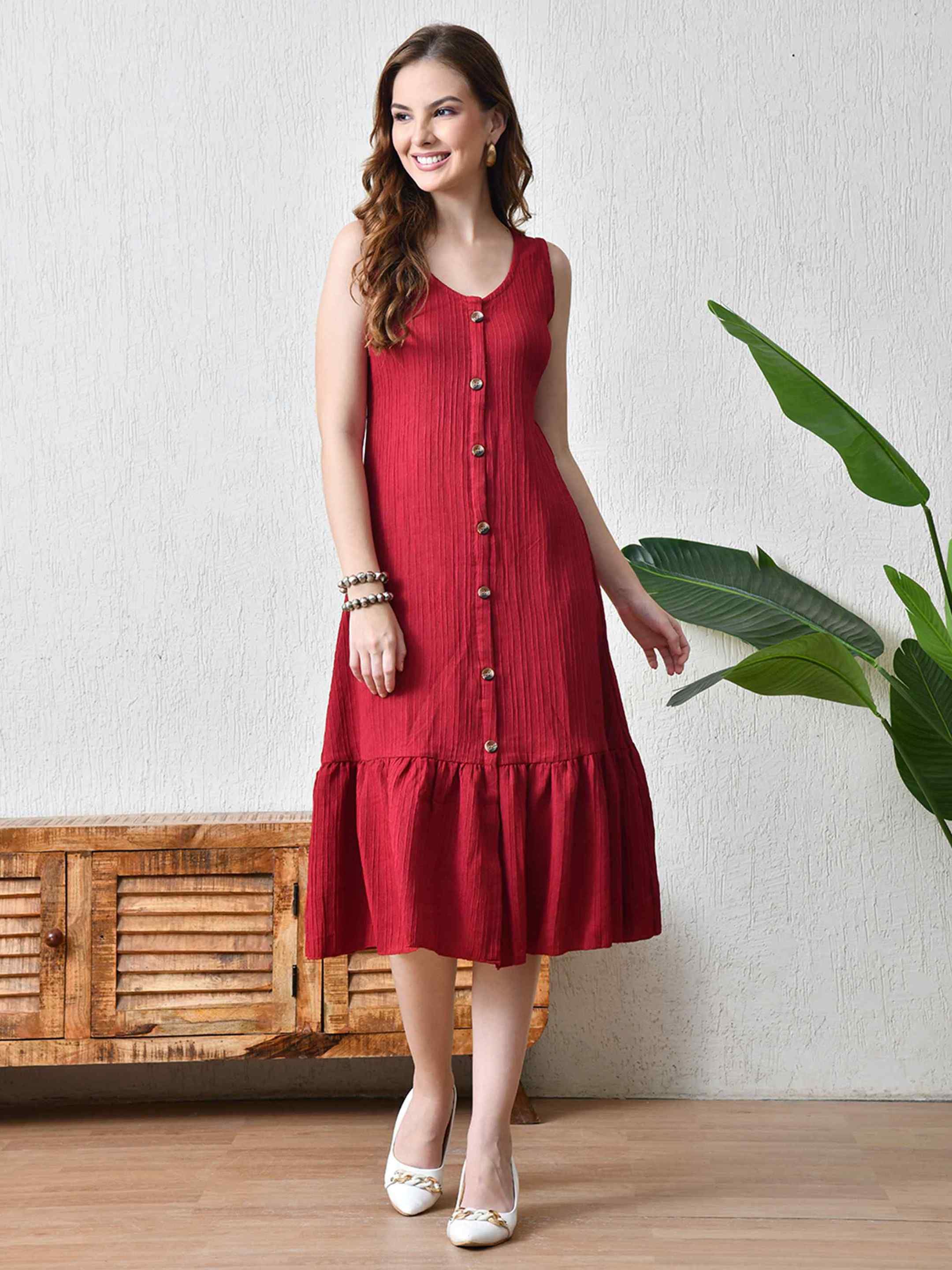 Women A-line Maroon Knee Length Dress