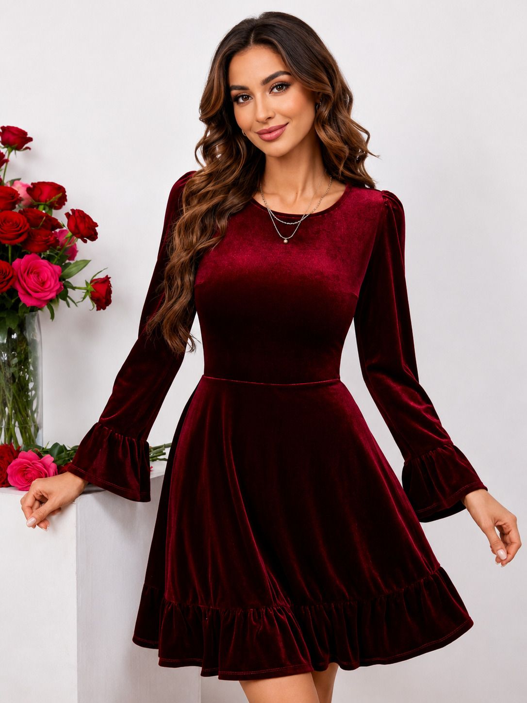 cajuni Women Fit and Flare Maroon Knee Length Dress-picture-10