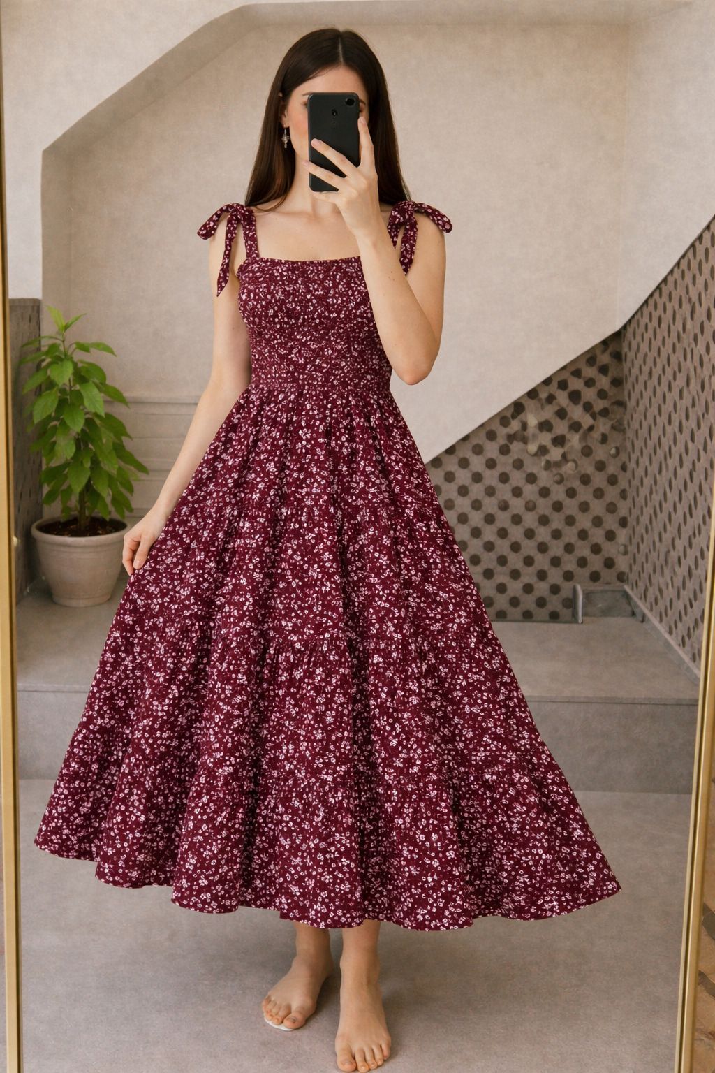 Women Tiered Maroon Midi/Calf Length Dress-image-17