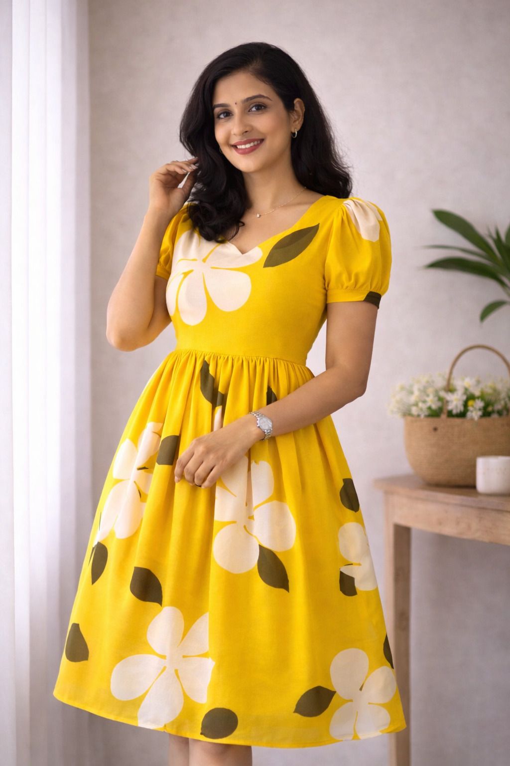 cajuni Women A-line Yellow Above Knee/Mid Thigh Length Dress-picture-6