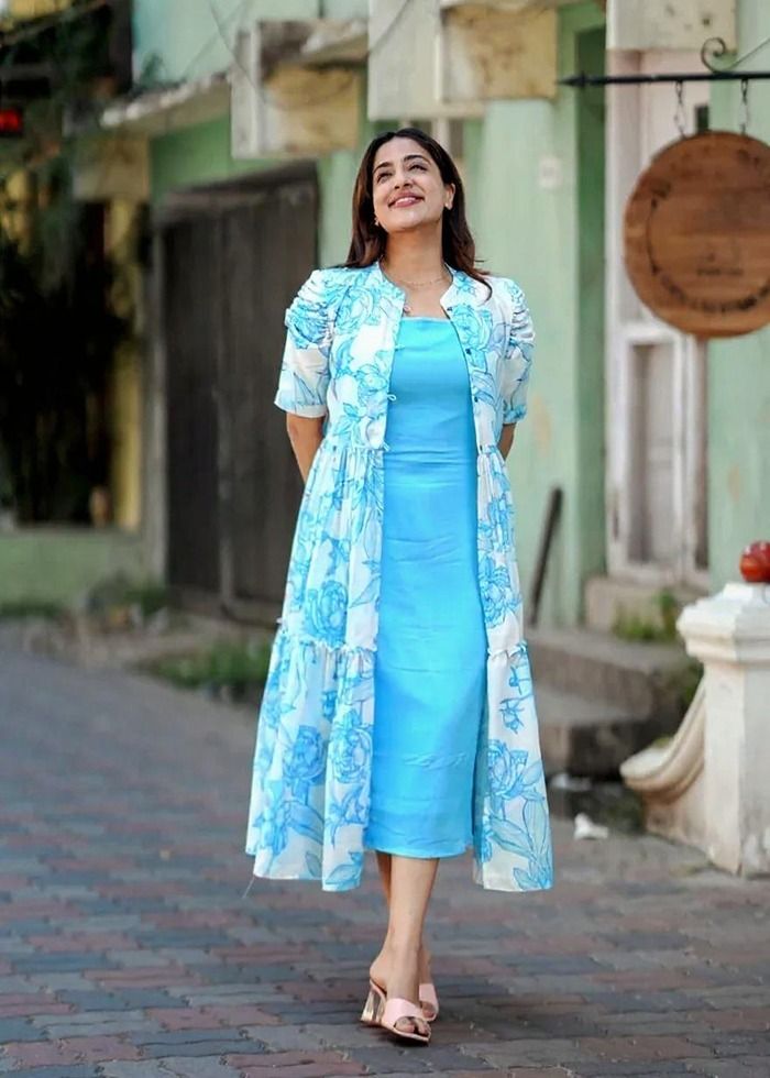 Women Fit and Flare Light Blue, White Midi/Calf Length Dress-image-35
