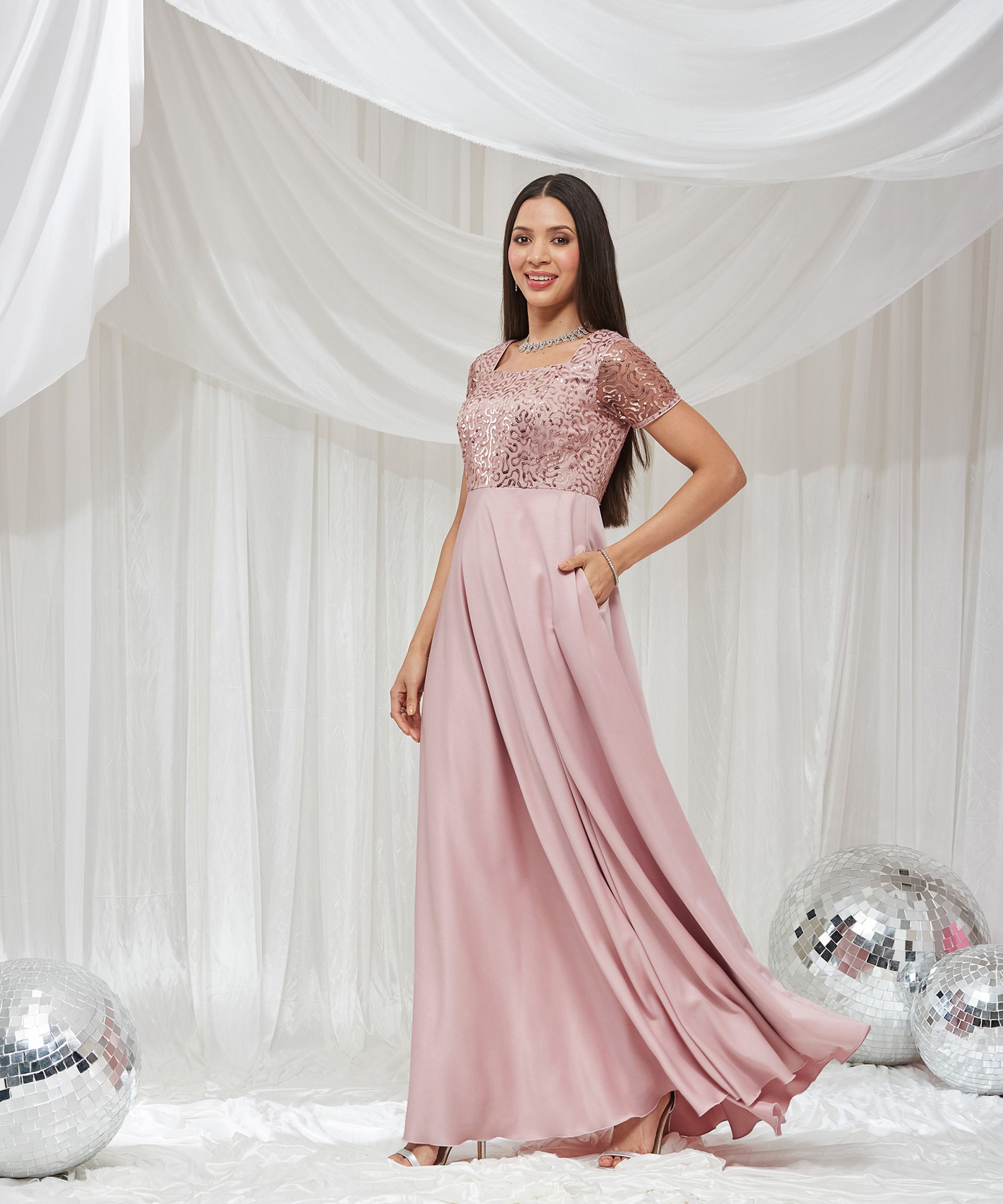 miss chase Women A-line Pink Maxi/Full Length Dress-picture-14