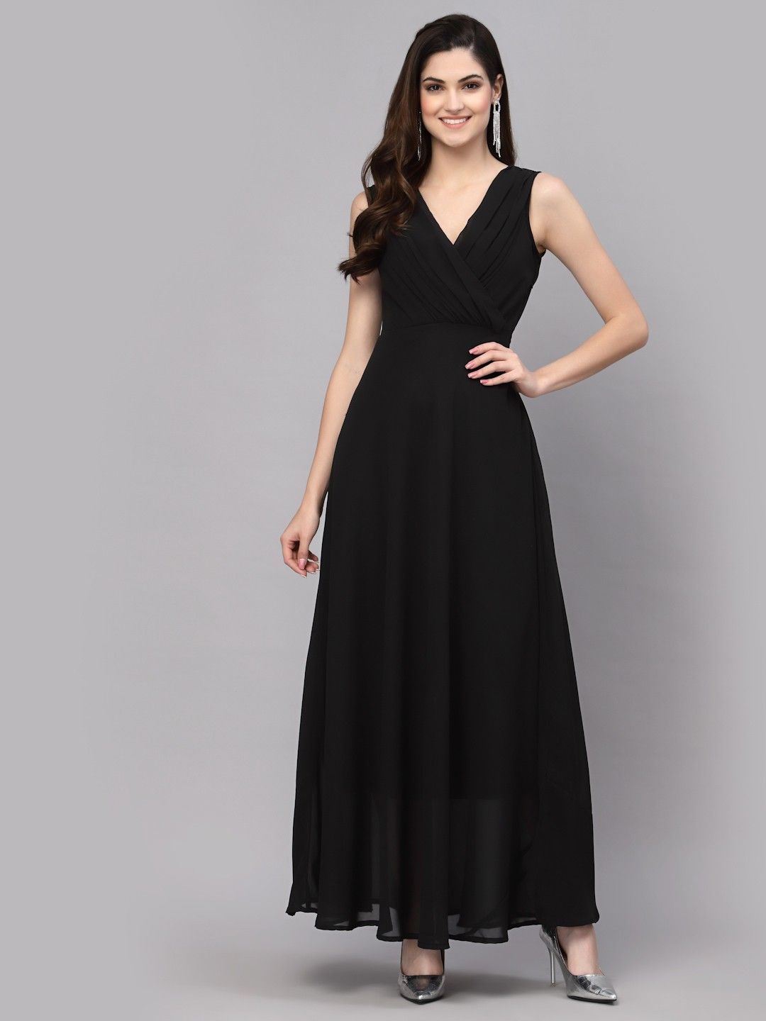 Women Fit and Flare Black Maxi/Full Length Dress-image-18