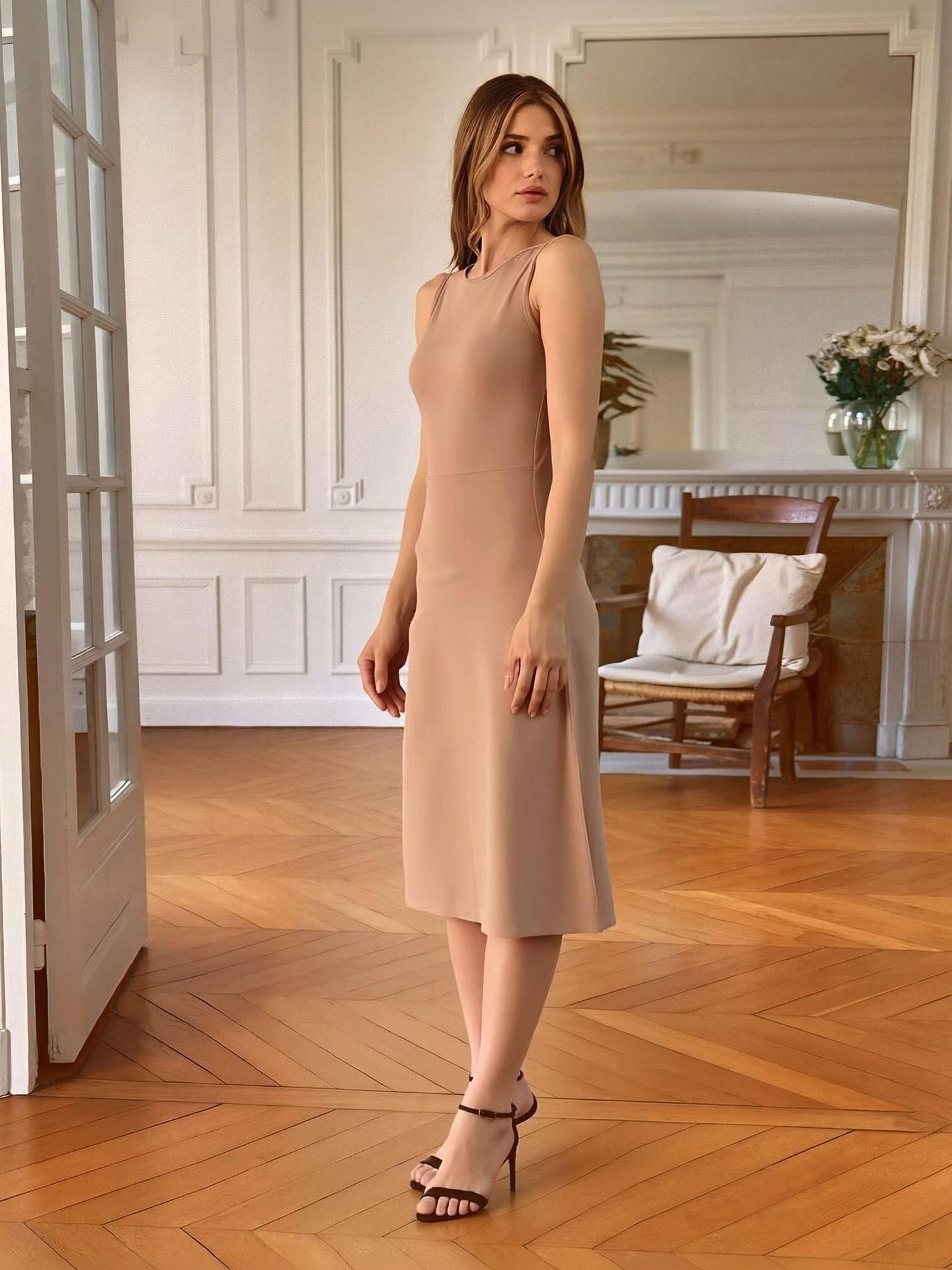 selvia Women Fit and Flare Beige Below Knee Dress-picture-45