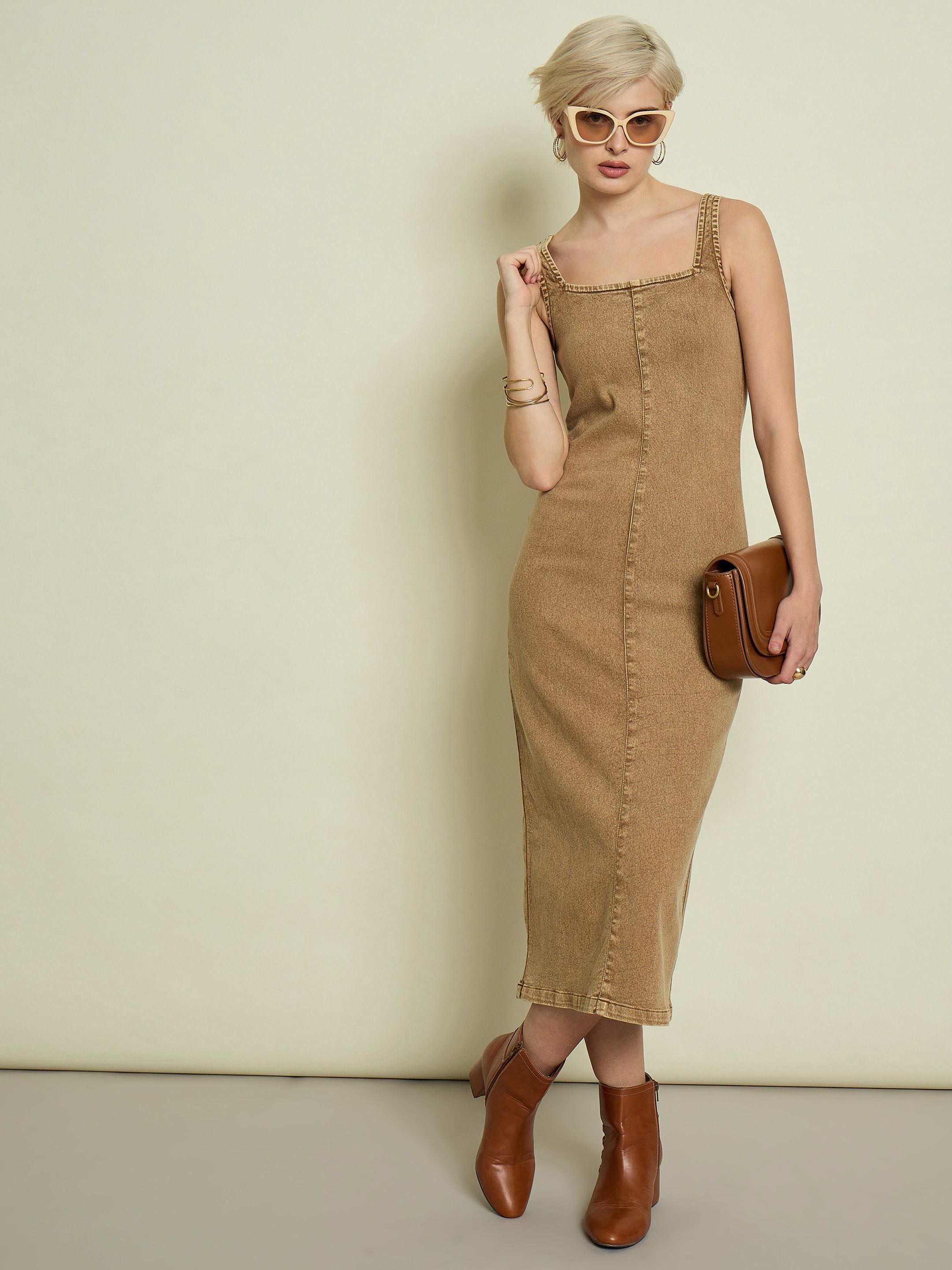Women Bodycon Beige Midi/Calf Length Dress-image-13