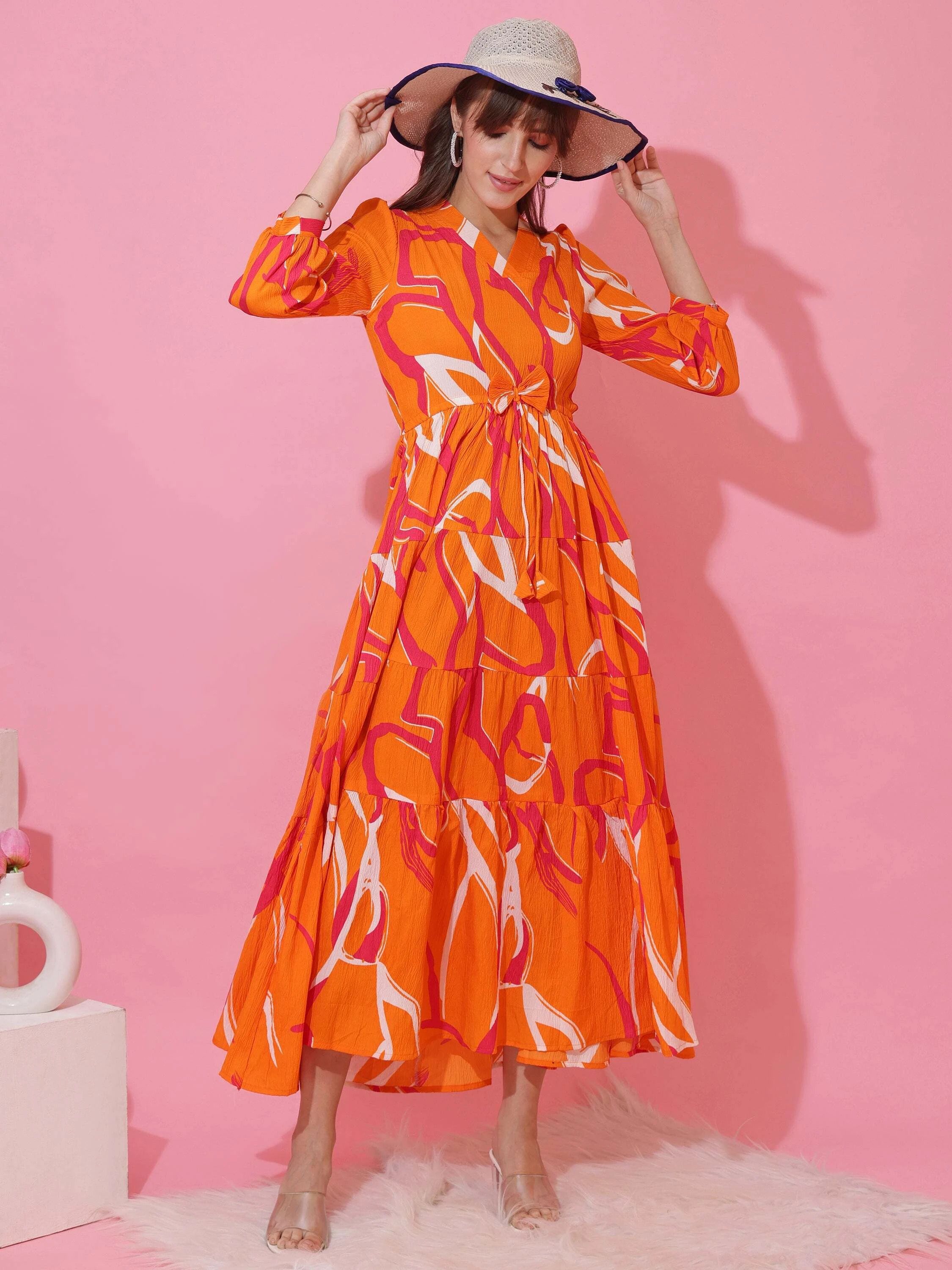 Women Fit and Flare Orange Maxi/Full Length Dress-image-21