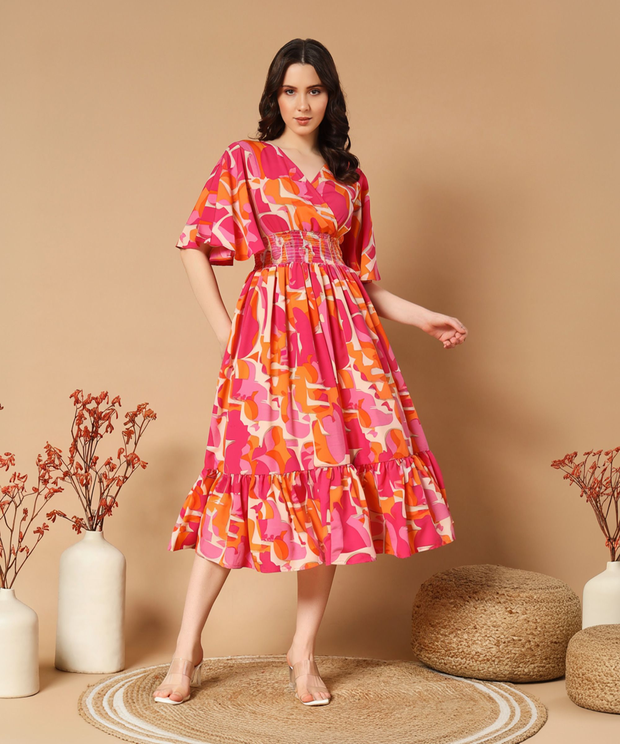 Women A-line Pink, Orange Midi/Calf Length Dress-image-45