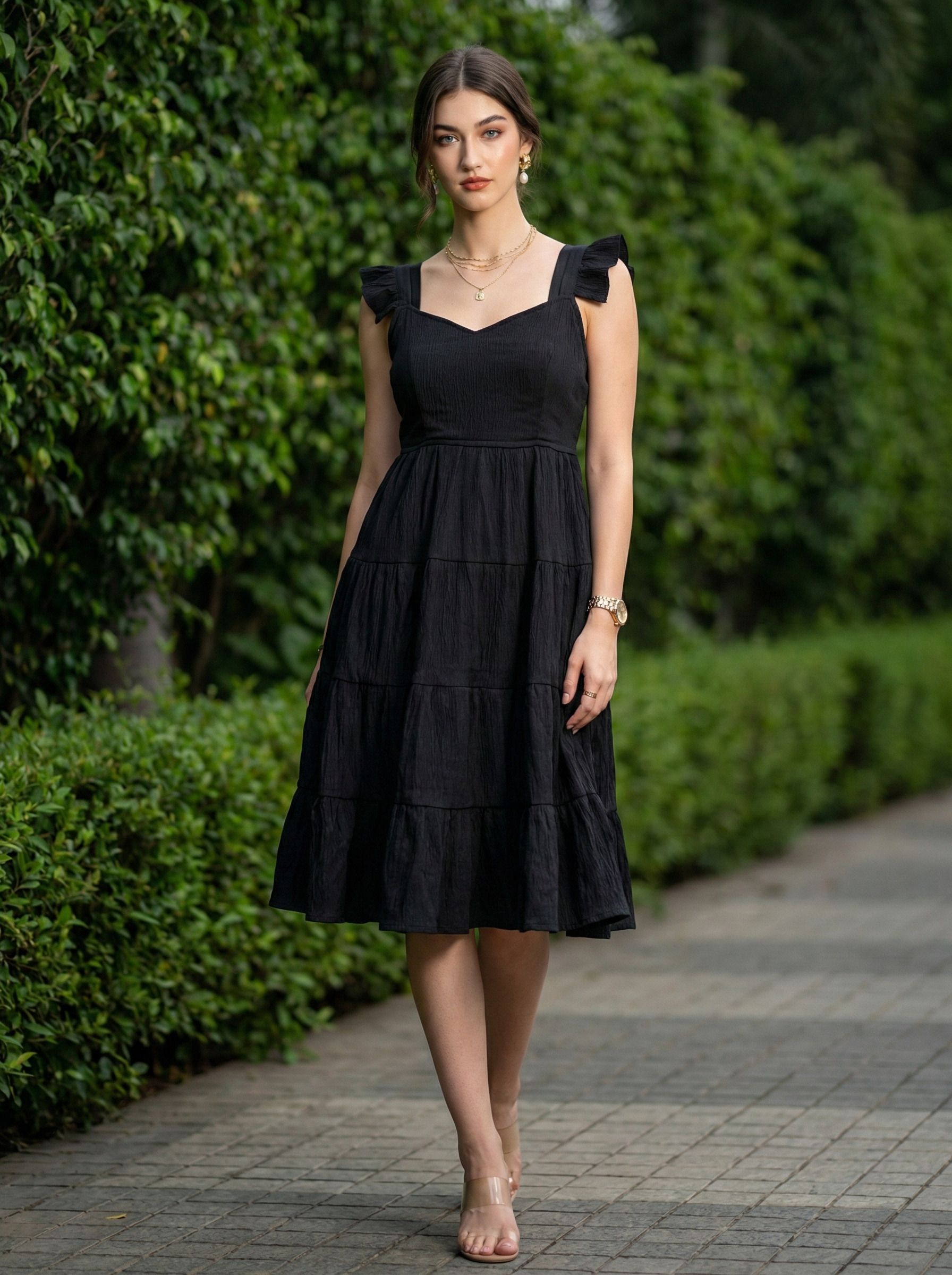 Women A-line Black Knee Length Dress-image-37