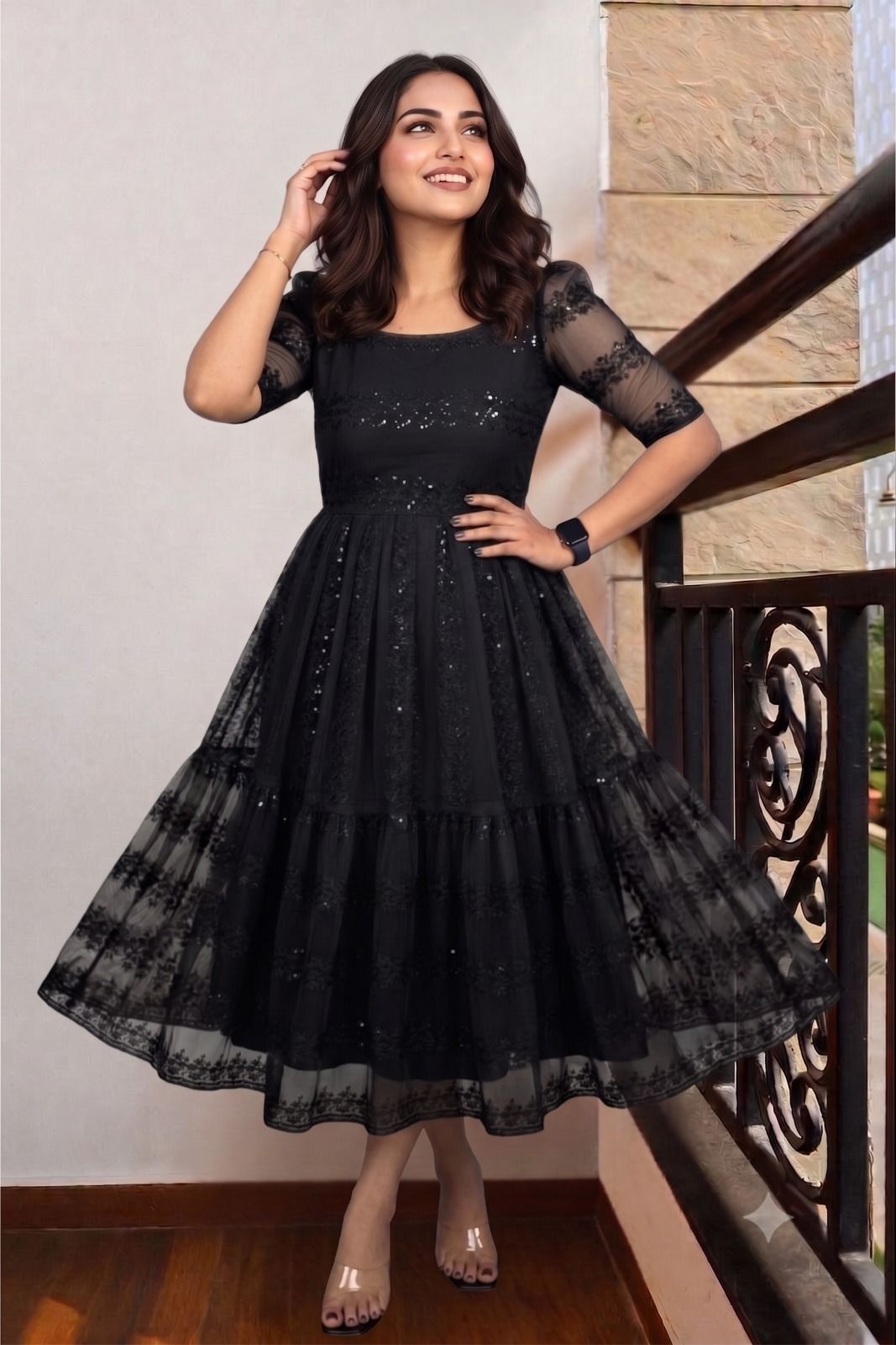 Women A-line Black Ankle Length Dress-image-17
