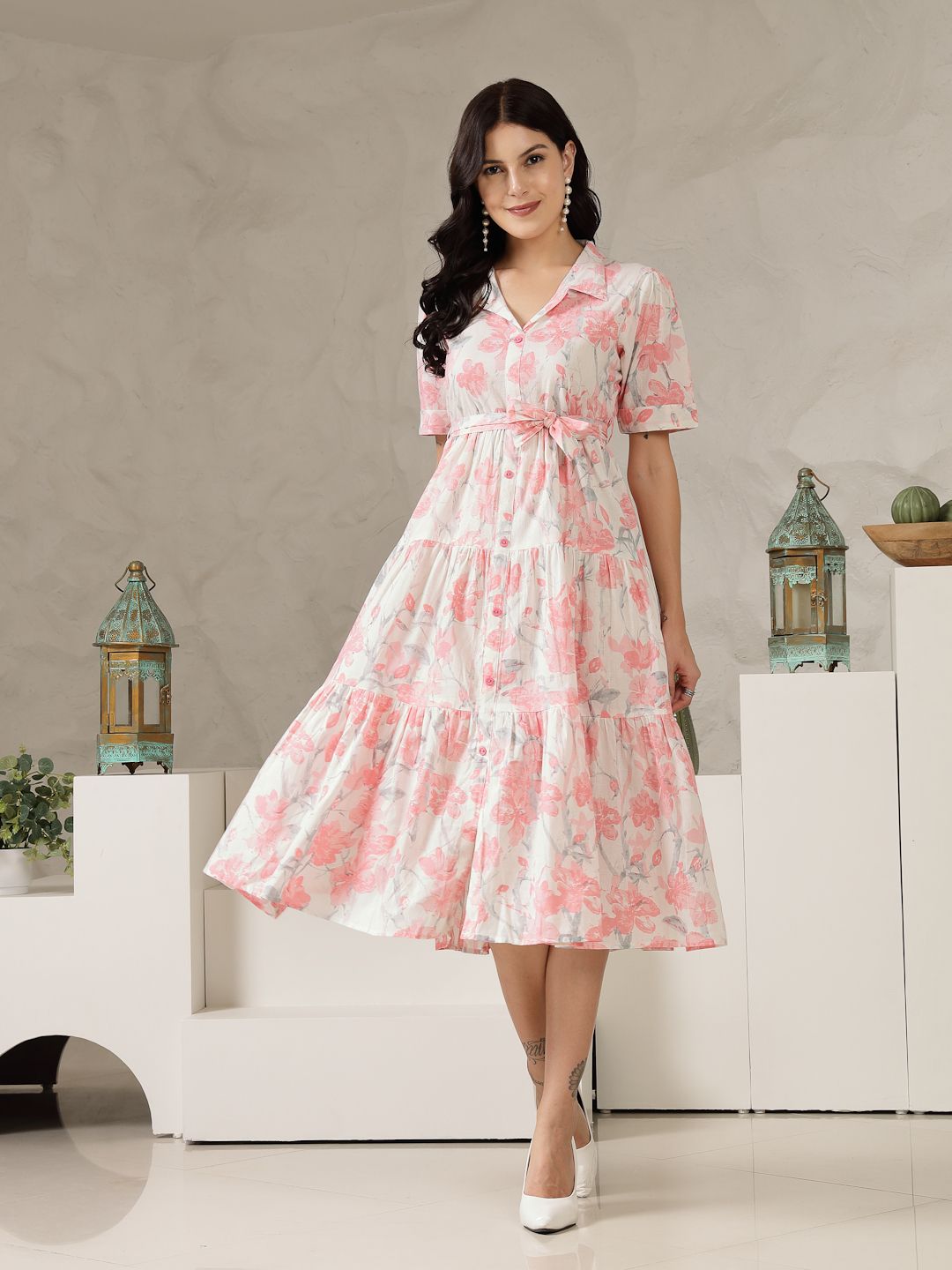 Women Fit and Flare Pink Midi/Calf Length Dress-image-2