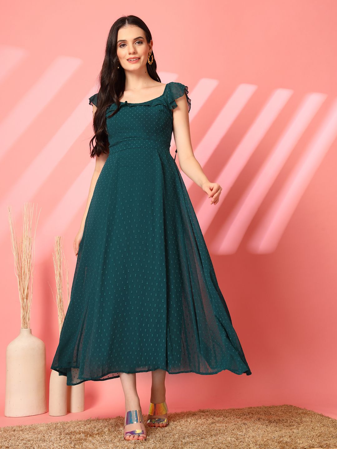 Women Fit and Flare Green Maxi/Full Length Dress-image-19