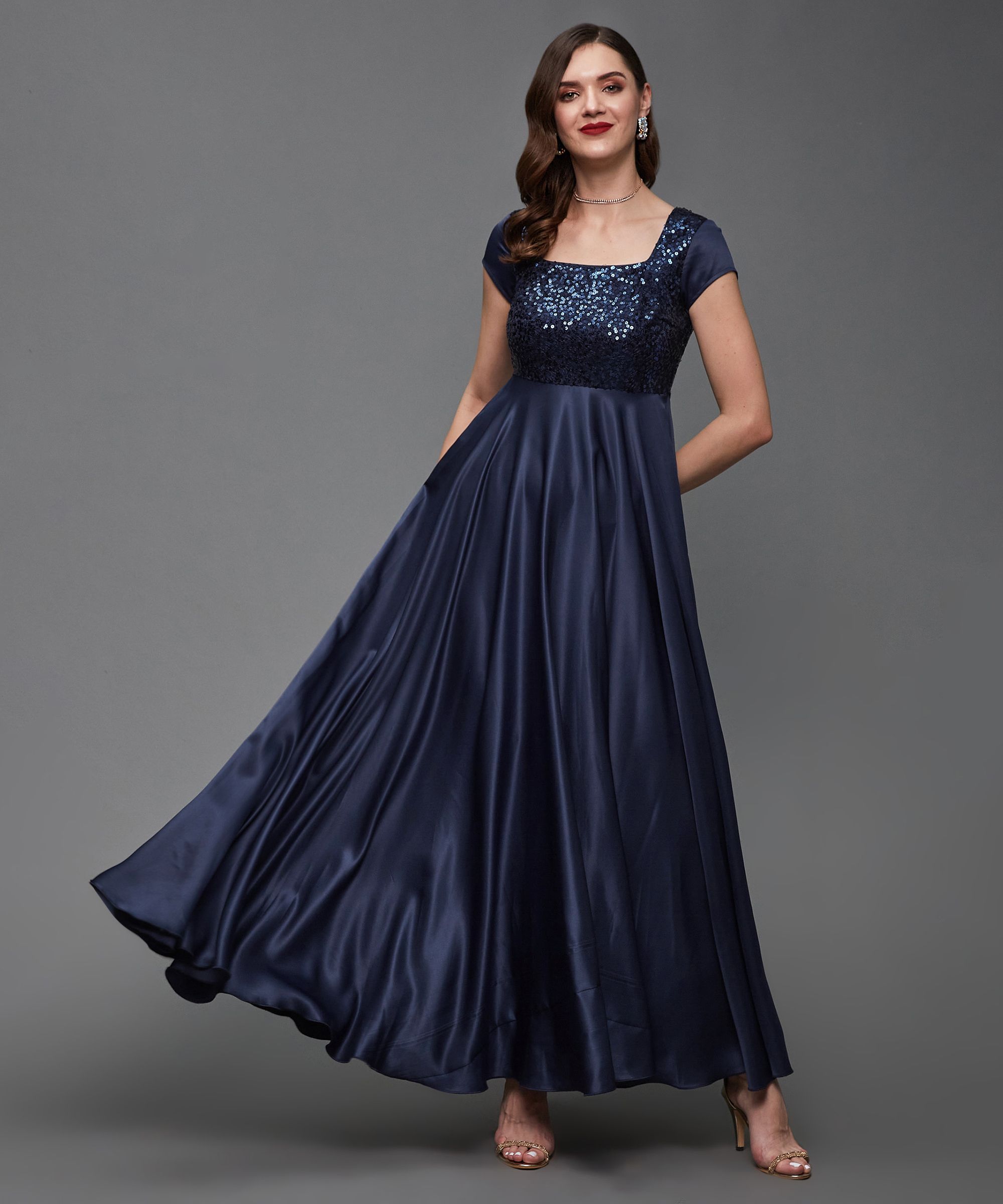 miss chase Women Fit and Flare Dark Blue Maxi/Full Length Dress-picture-38