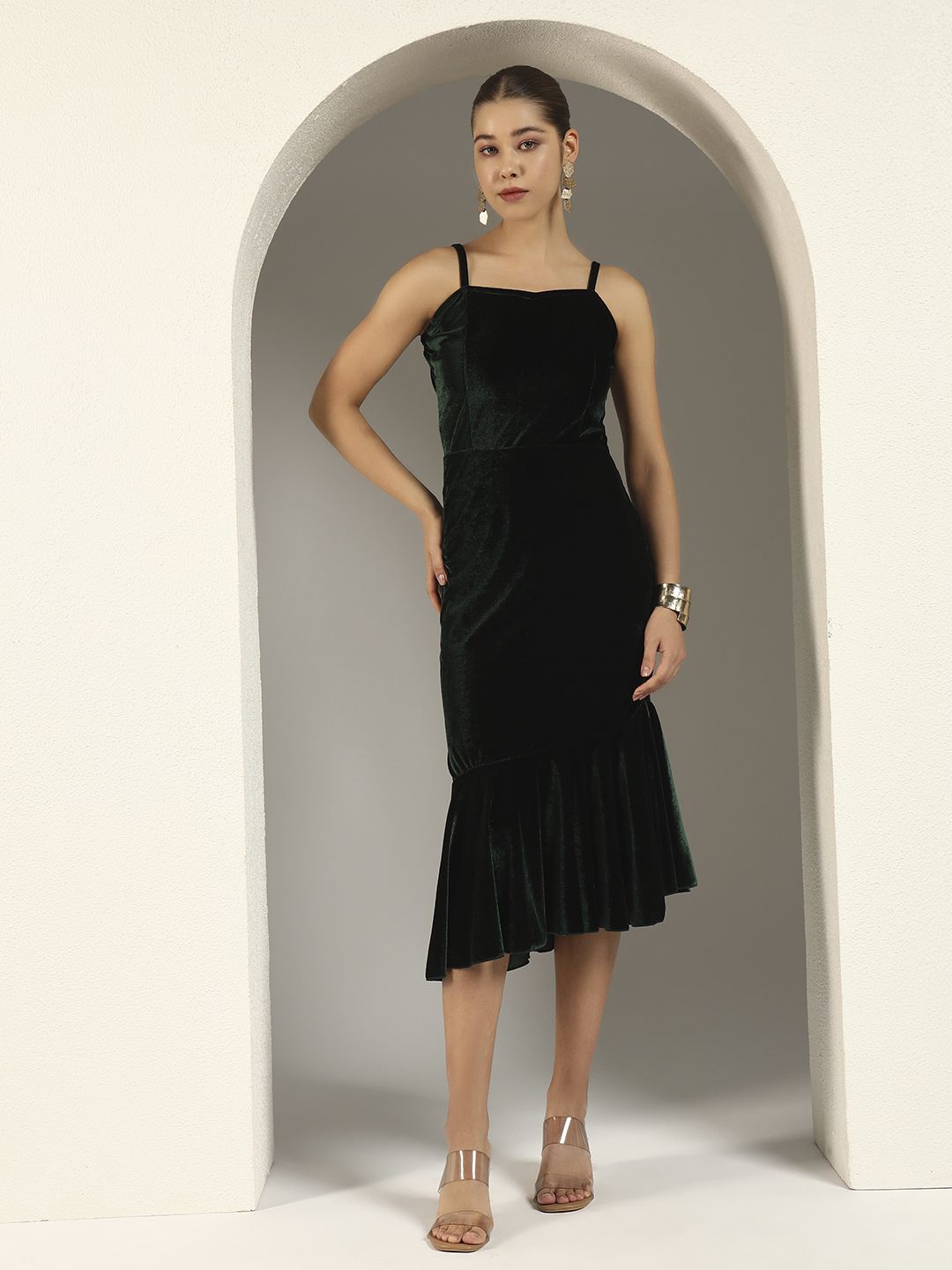 vaararo Women Bodycon Dark Green Midi/Calf Length Dress-picture-19