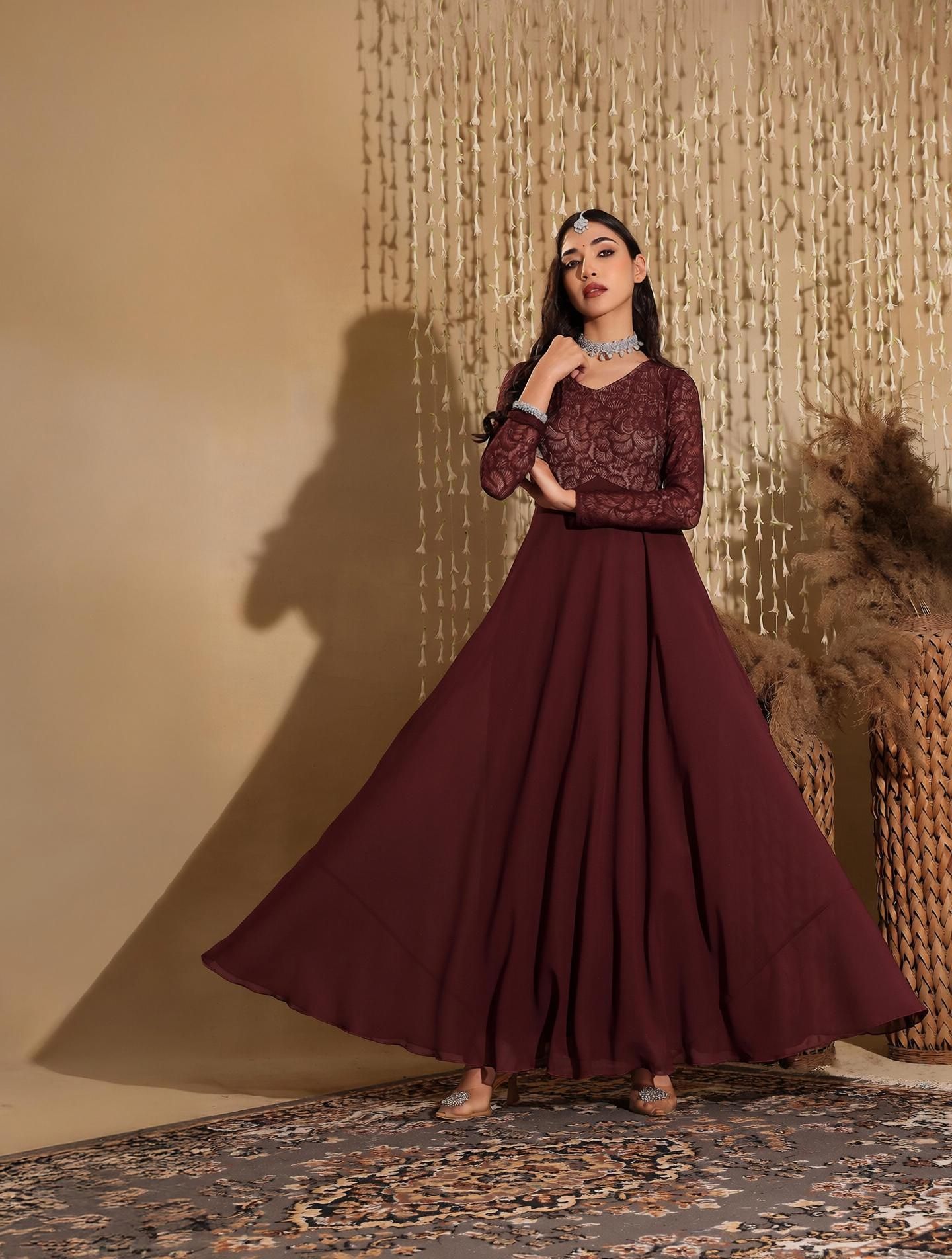 miss chase Women Fit and Flare Maroon Maxi/Full Length Dress-picture-21