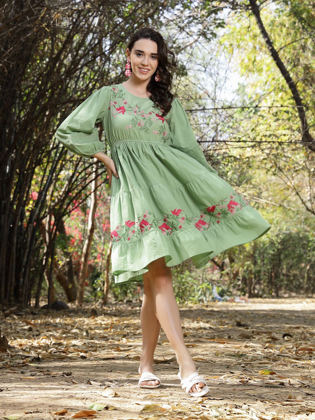 Women Fit and Flare Light Green Knee Length Dress-image-23