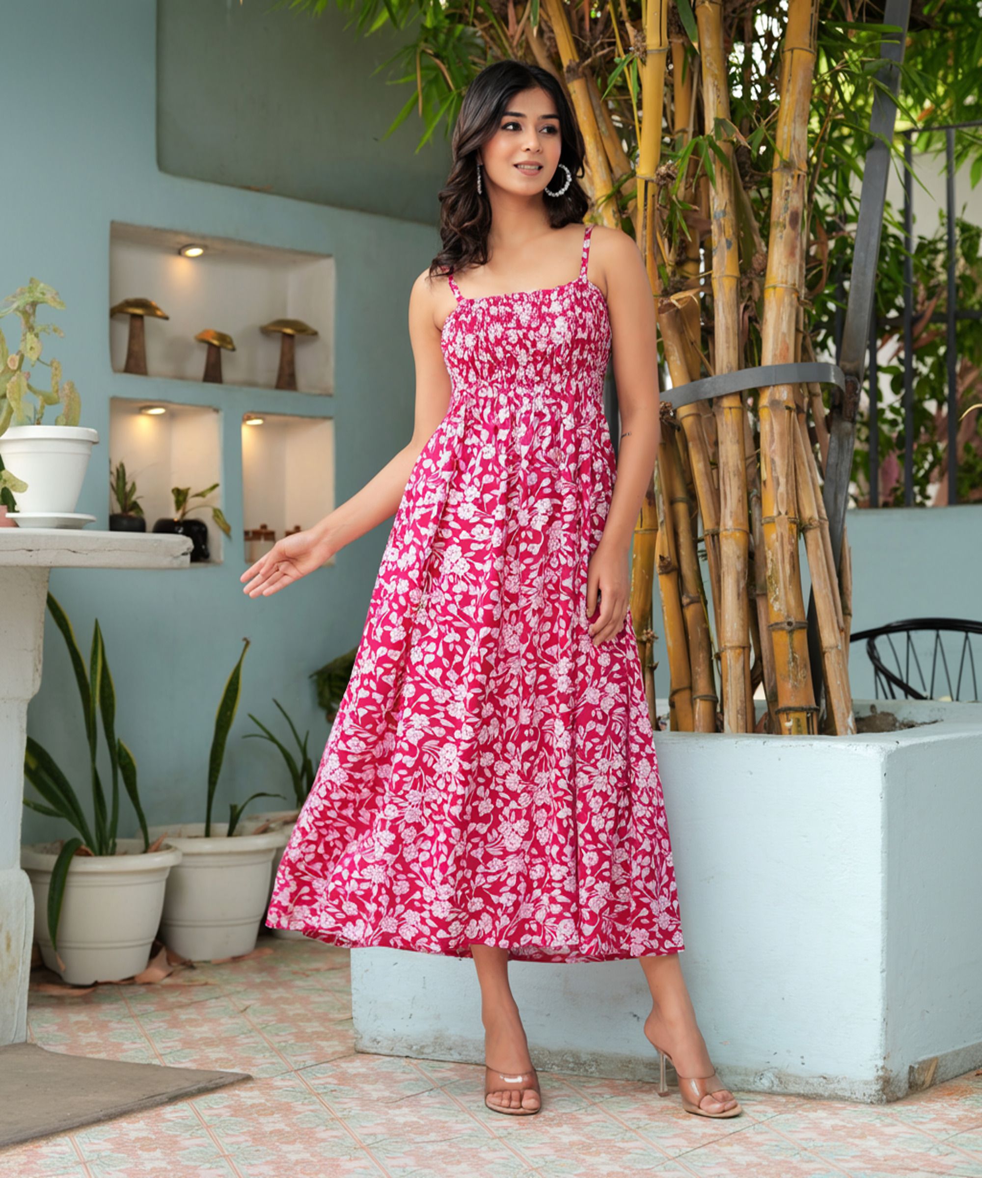 Women Fit and Flare Pink, White Maxi/Full Length Dress-image-36