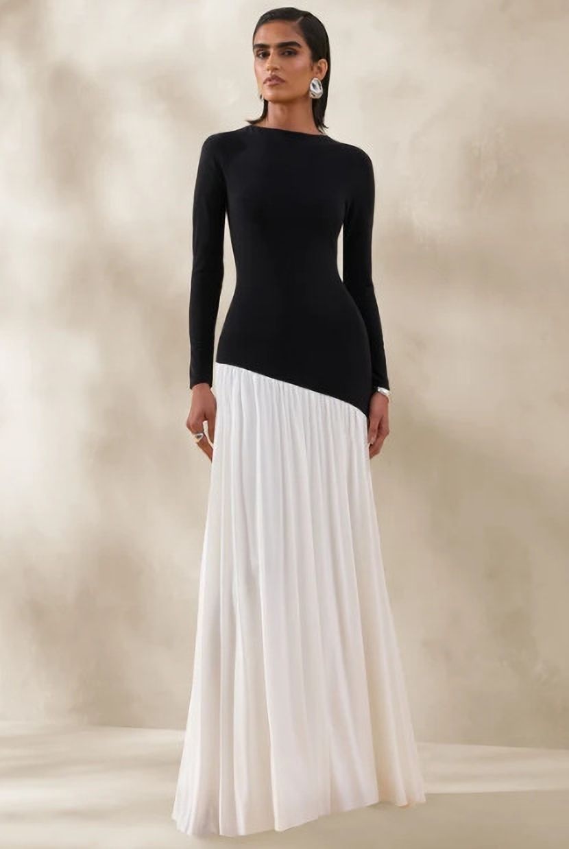 Women Asymmetric Black, White Maxi/Full Length Dress-image-16