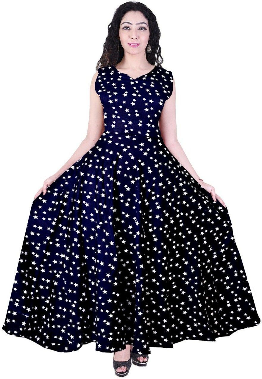 Women A-line Dark Blue, White Maxi/Full Length Dress-image-10