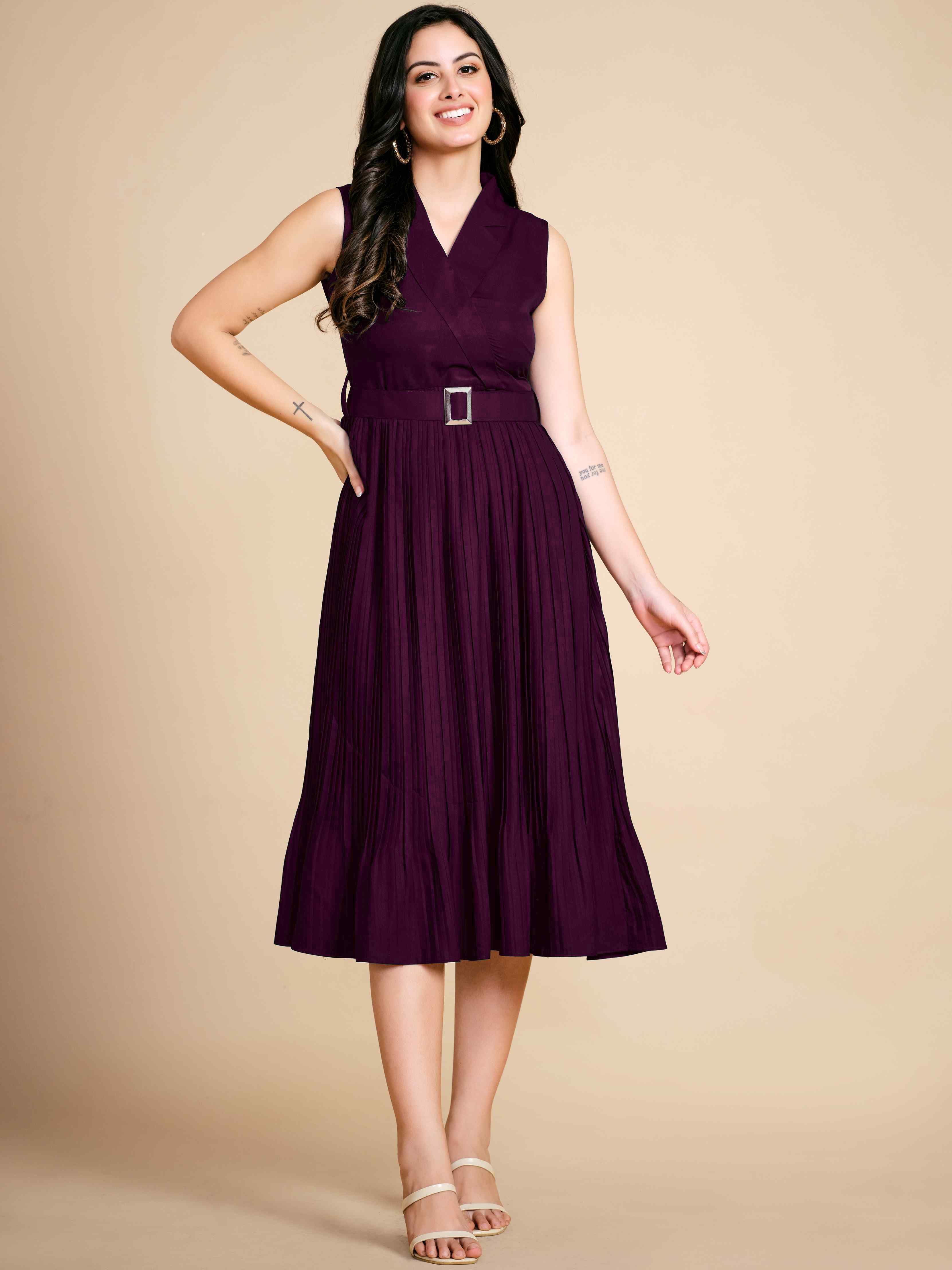 Women Pleated Purple Midi/Calf Length Dress