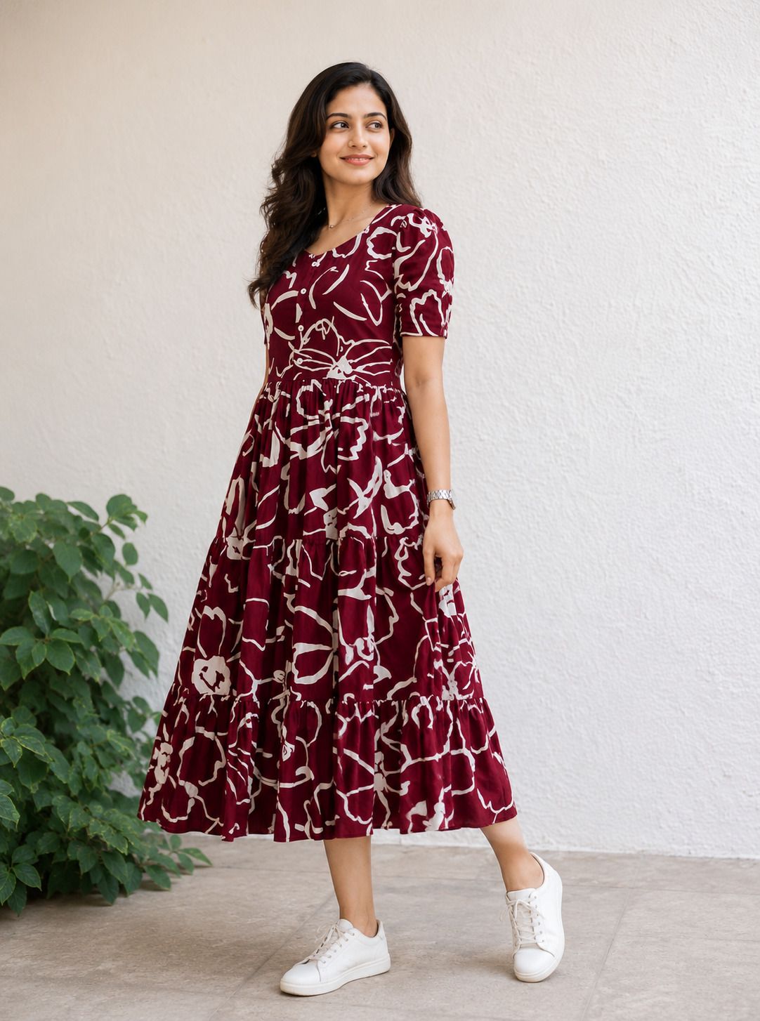 Women Tiered Maroon Maxi/Full Length Dress-image-40