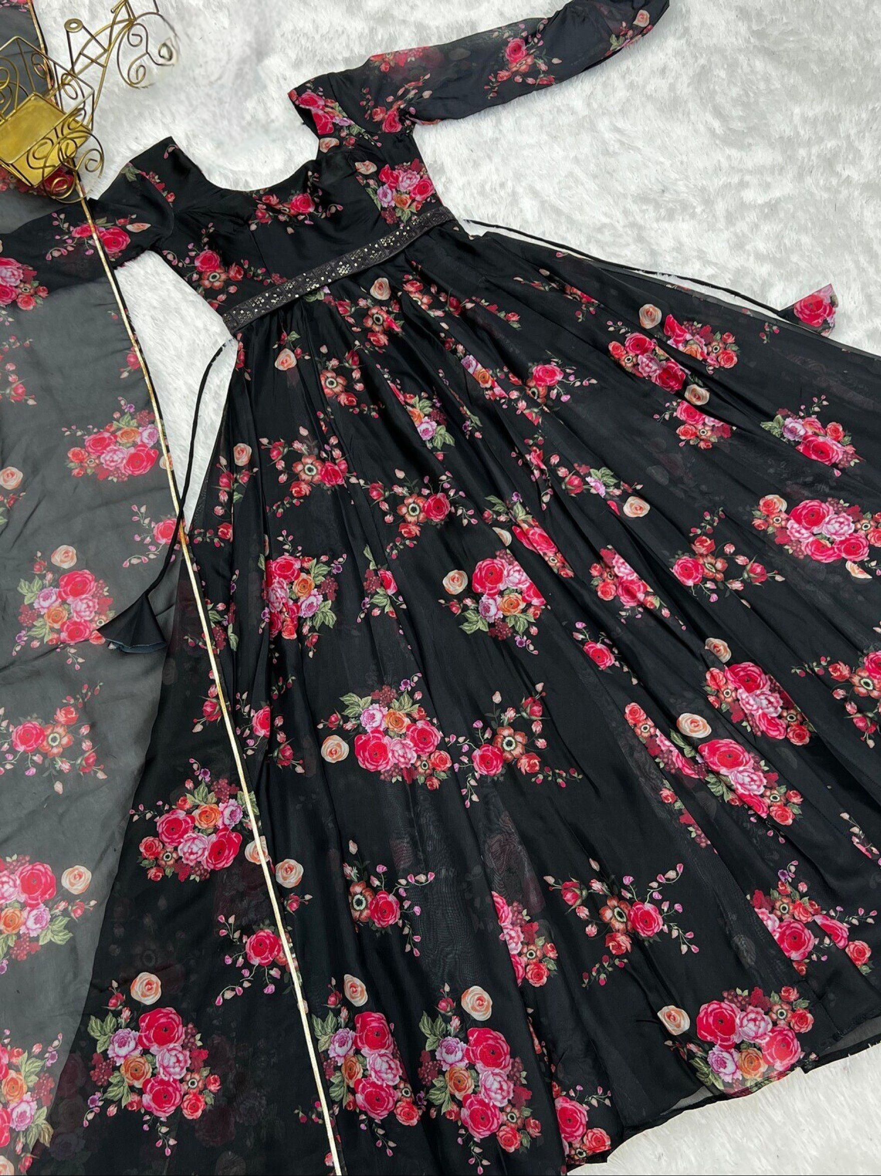 Abstract Cotton Blend Stitched Flared/A-line Gown-image-19