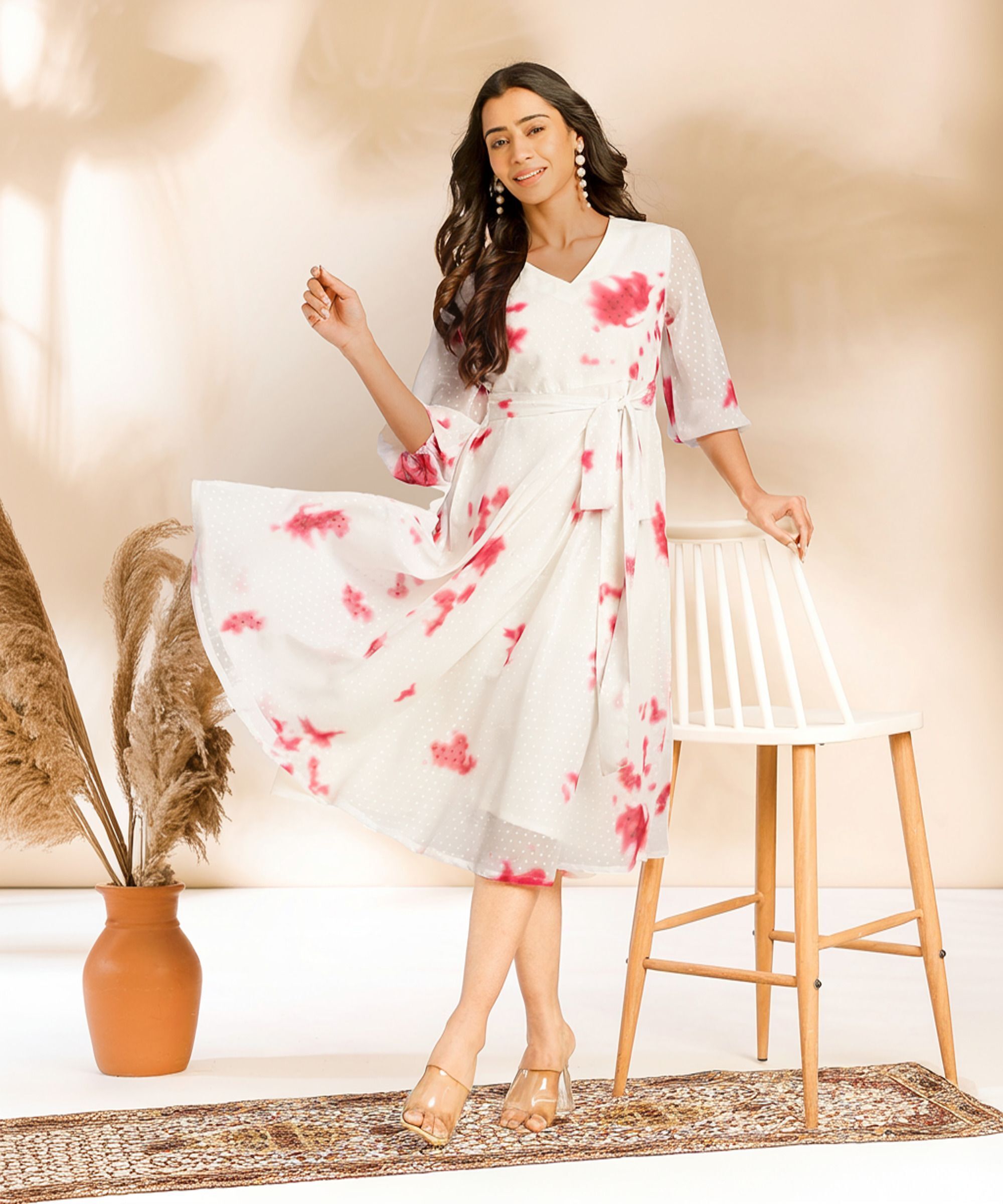 Women Fit and Flare Red, White Midi/Calf Length Dress-image-33