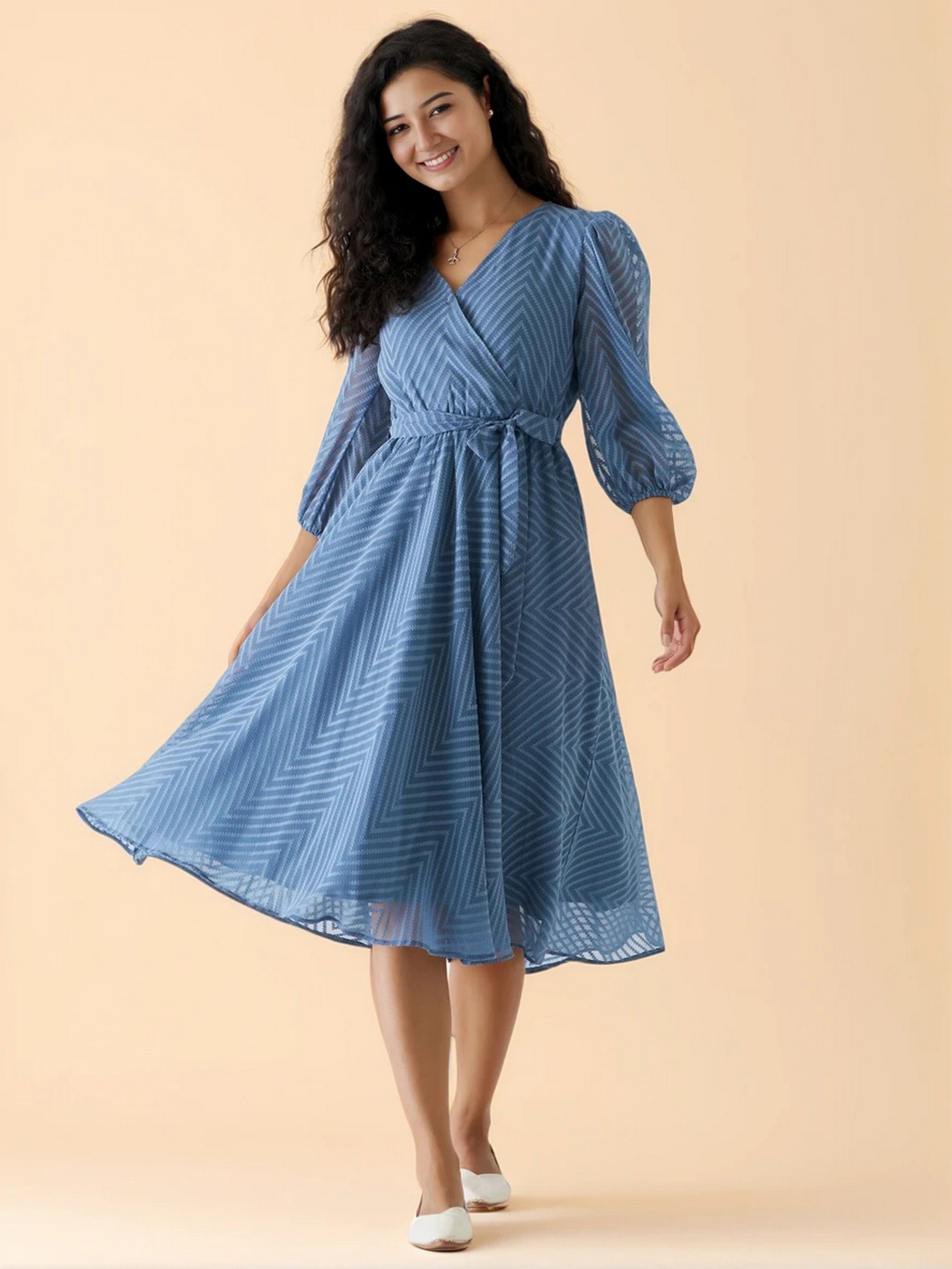 Women Fit and Flare Blue Midi/Calf Length Dress-image-23